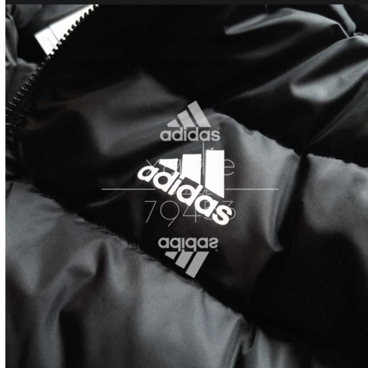 新品 正規品 adidas アディダス ダウン80 フェザー20 ダウンジャケット 黒 ブラック 白 ロゴプリント 三本ライン入り 細見 O XL_画像5