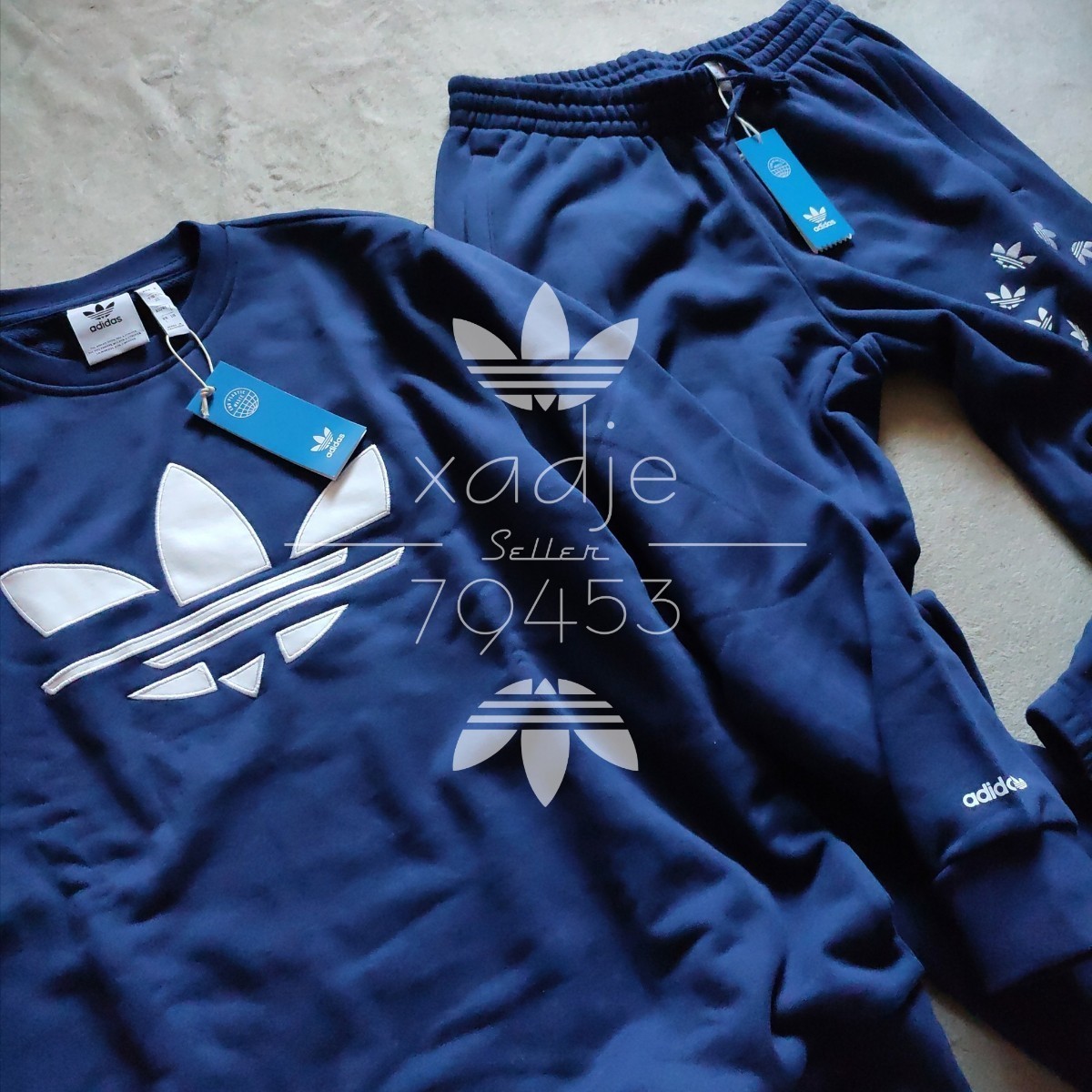 新品 正規品 adidas originals アディダス オリジナルス スウェット 上下セット トレーナー パンツ セットアップ 刺繍 紺 ネイビー XO 2XL_画像2