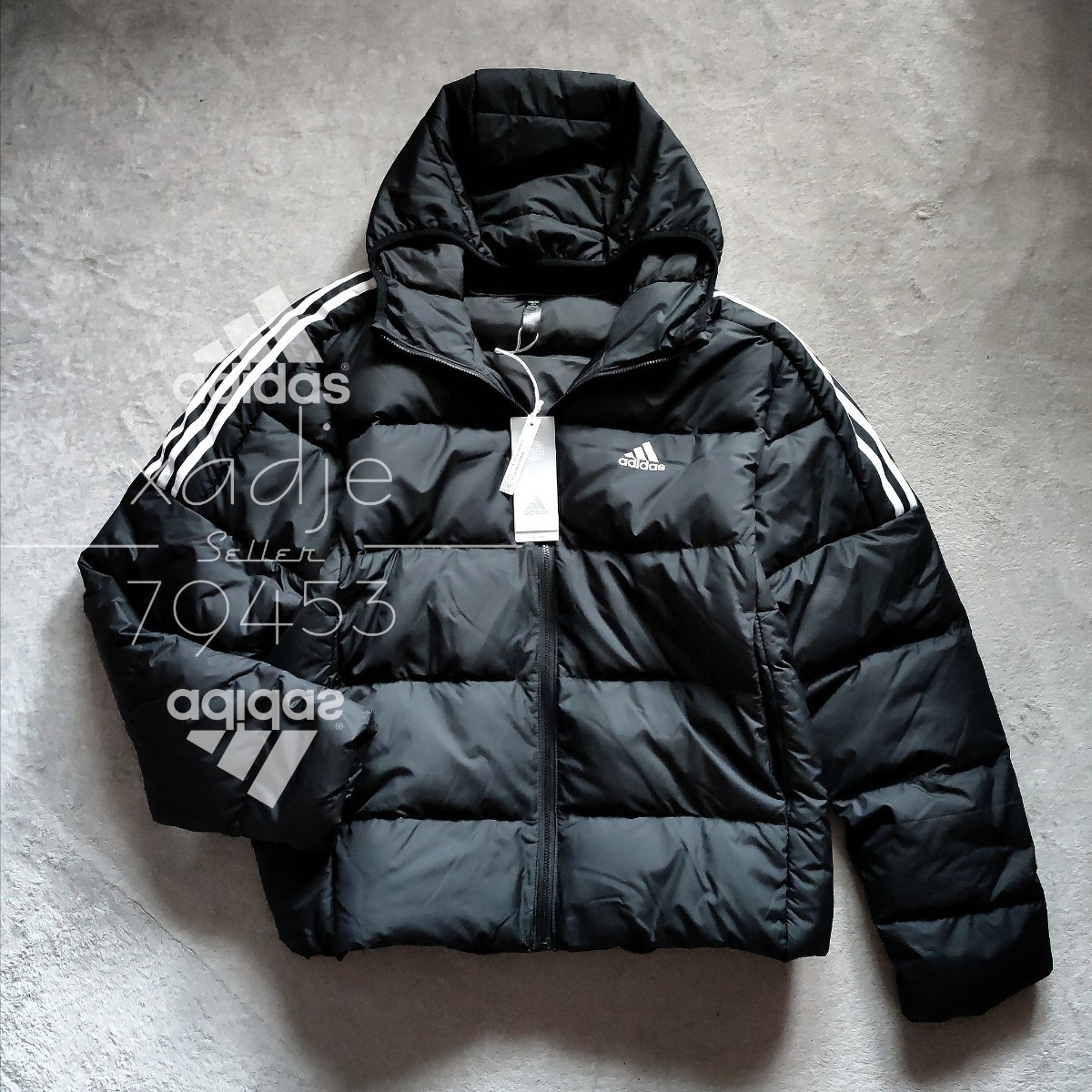 新品 正規品 adidas アディダス ダウンジャケット パーカー 三本ライン ダウン80 フェザー20 ロゴ プリント 軽量 黒 ブラック 白 M_画像1