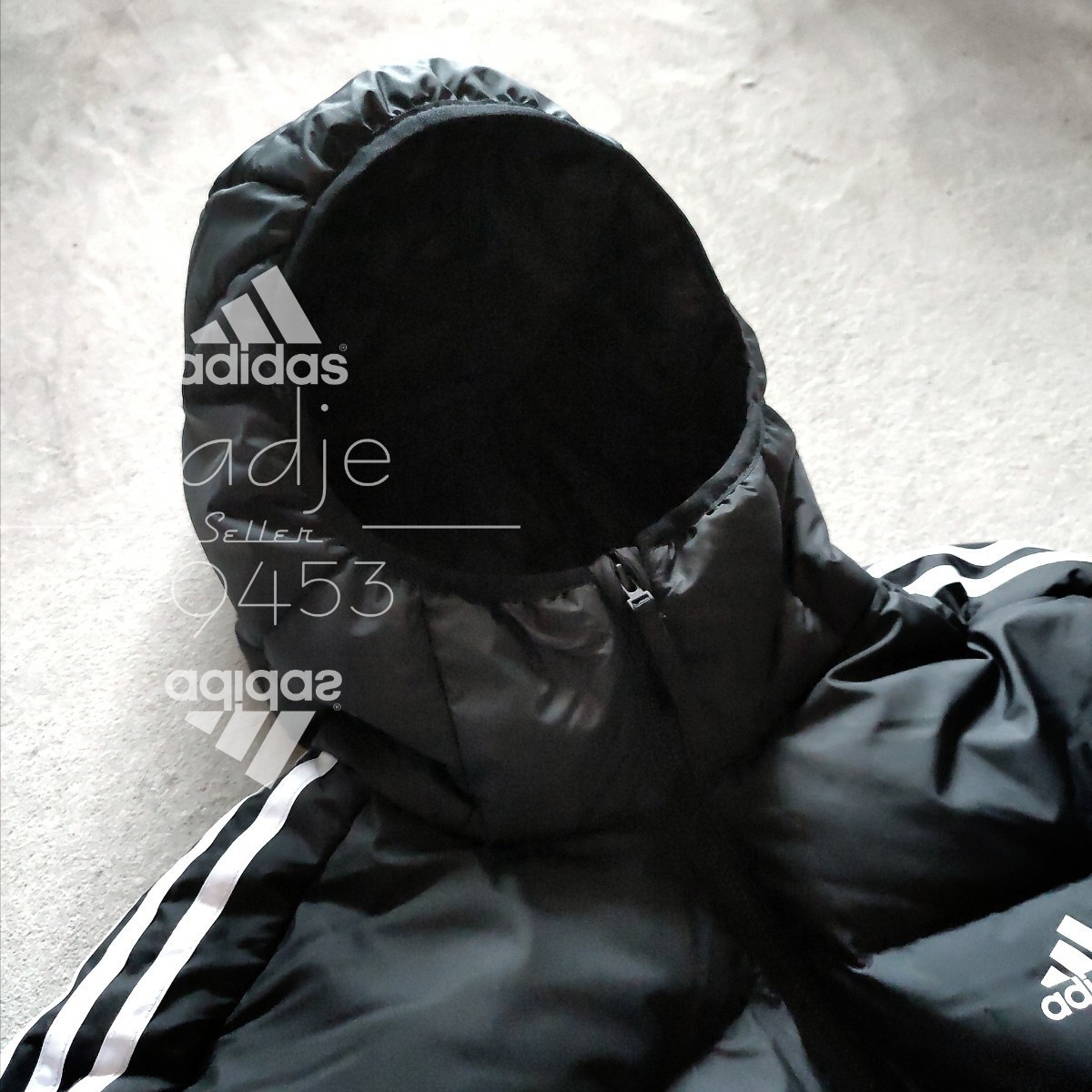 新品 正規品 adidas アディダス ダウンジャケット パーカー 三本ライン ダウン80 フェザー20 ロゴ プリント 軽量 黒 ブラック 白 M_画像4