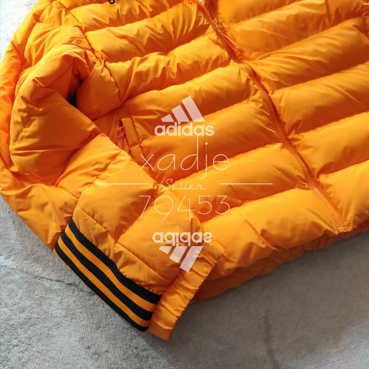 新品 正規品 adidas アディダス 中綿 パファージャケット 橙 オレンジ 黒 ロゴ プリント 三本ライン入り 防寒 厚手 XO 2XL_画像5