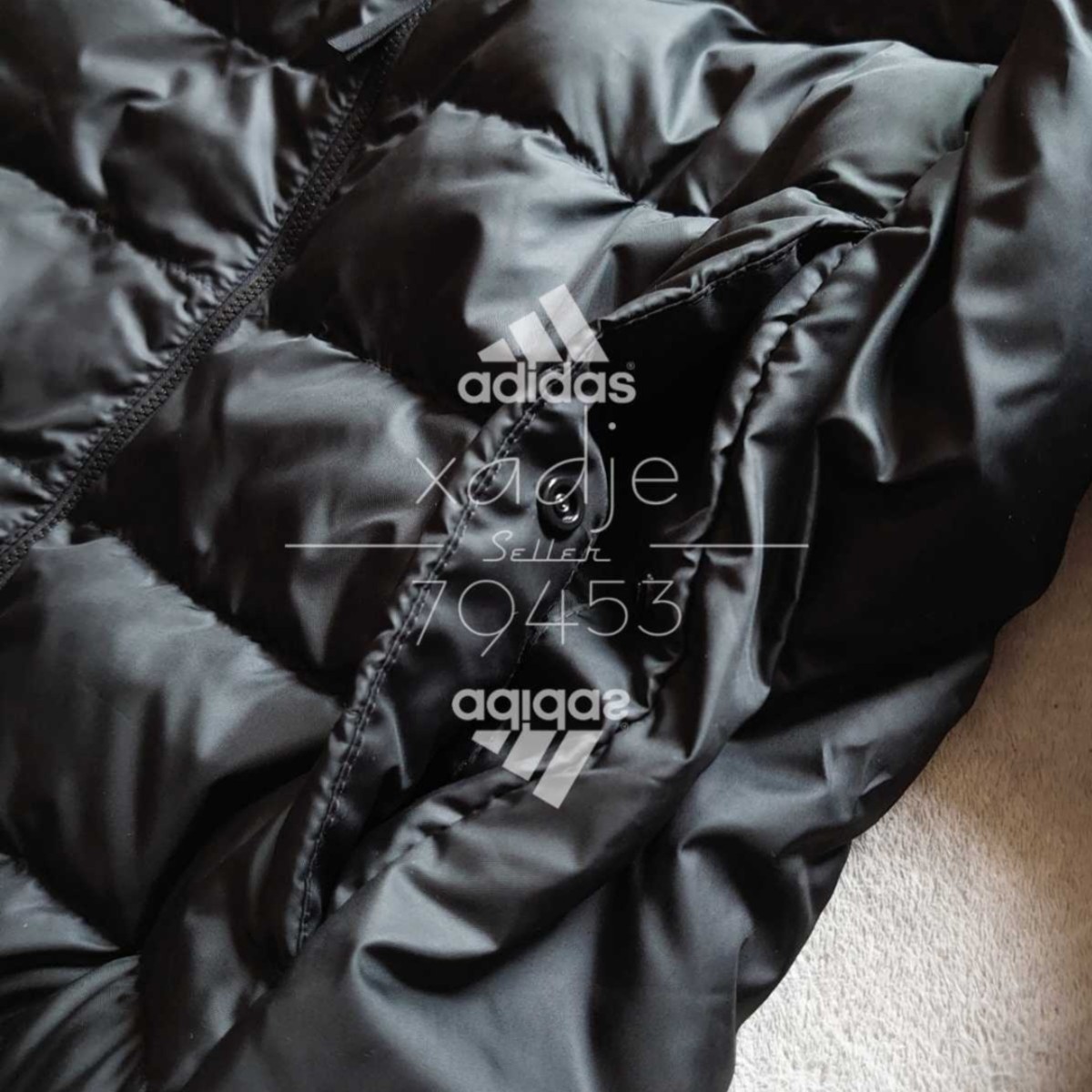 新品 正規品 adidas アディダス ダウン80 フェザー20 ダウンジャケット 黒 ブラック 白 ロゴプリント 三本ライン入り 細見 M_画像7