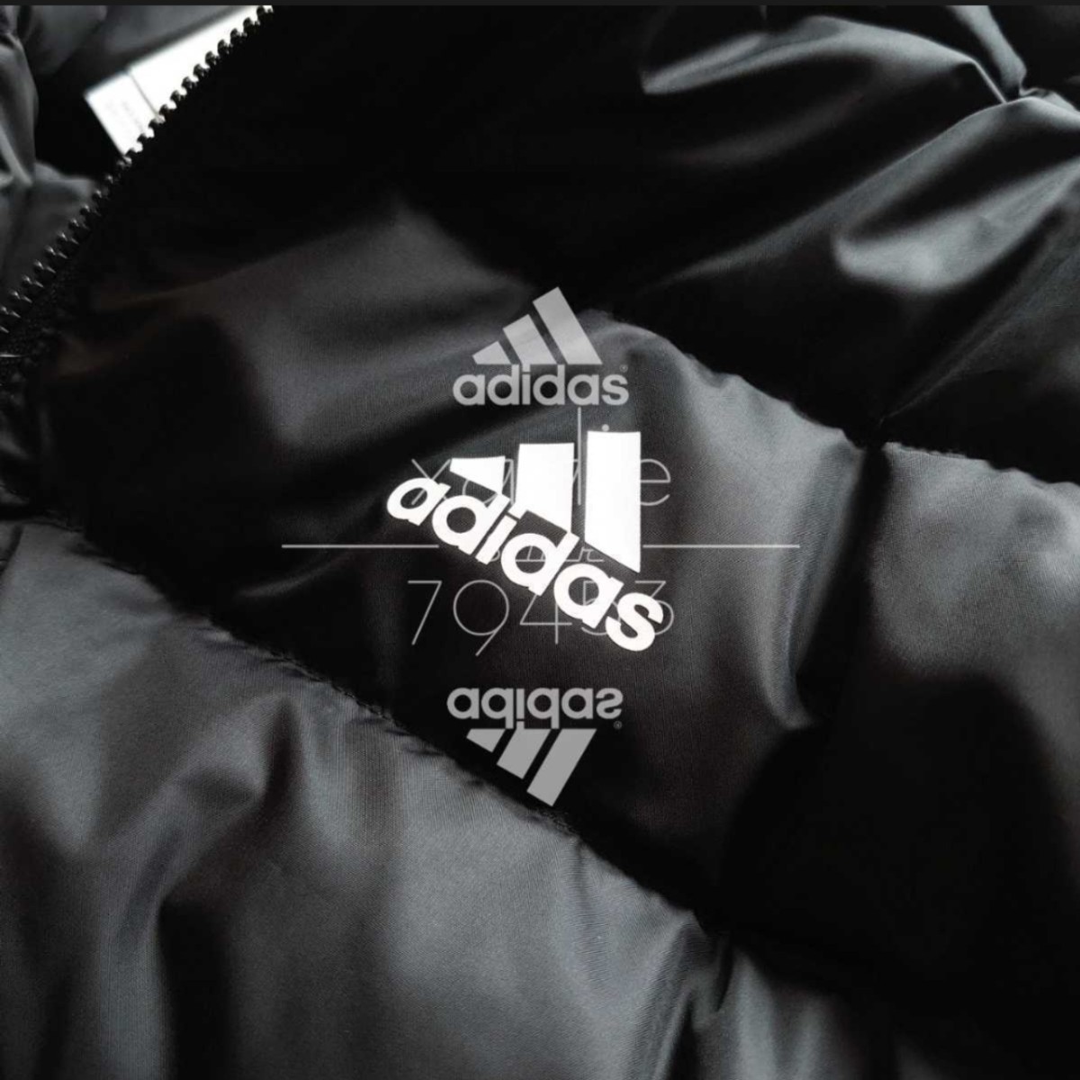 新品 正規品 adidas アディダス ダウン80 フェザー20 ダウンジャケット 黒 ブラック 白 ロゴプリント 三本ライン入り 細見 M_画像5