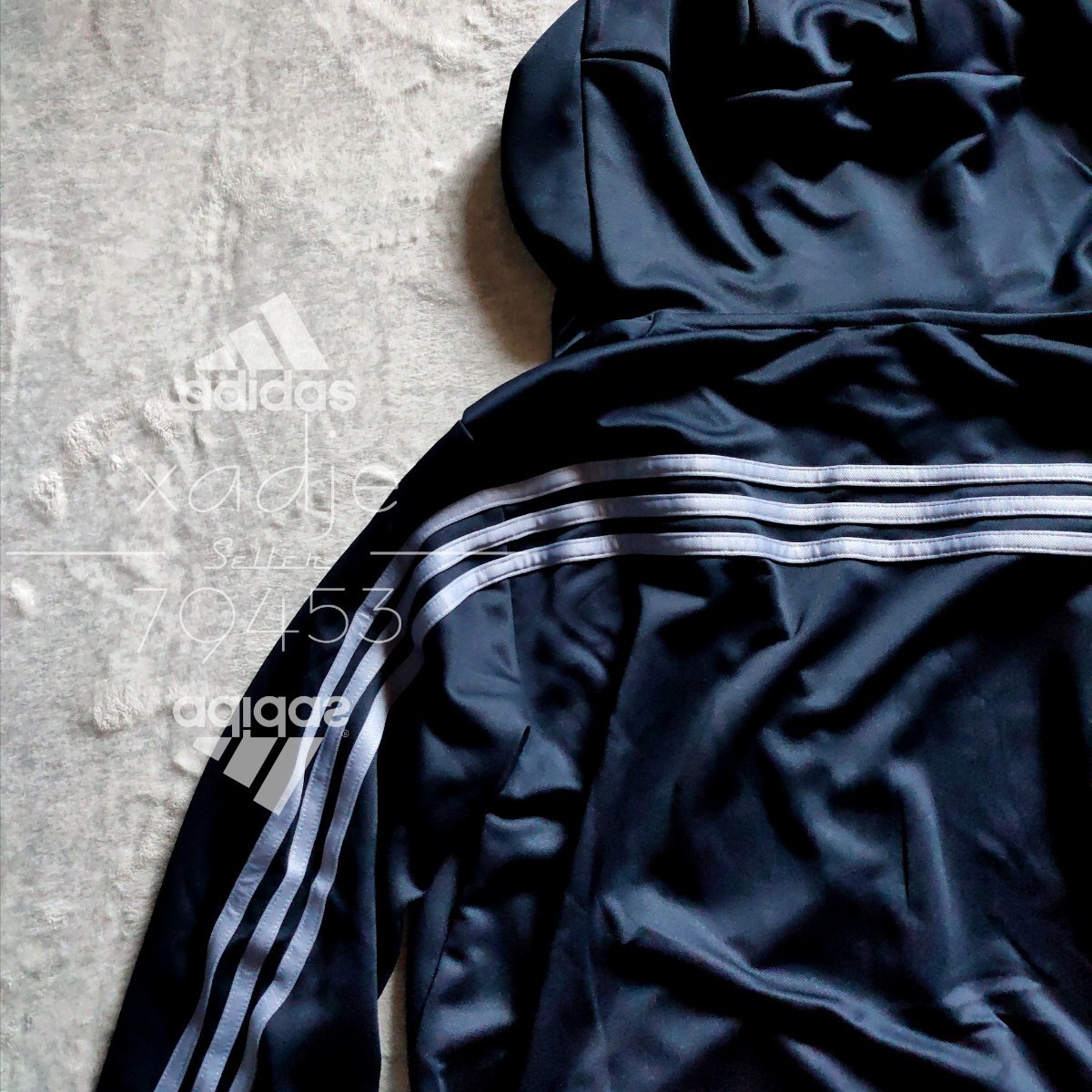 新品 正規品 adidas アディダス 上下セット セットアップ パーカー ジャージ パンツ 紺 ネイビー 三本ライン ロゴ プリント XL_画像2