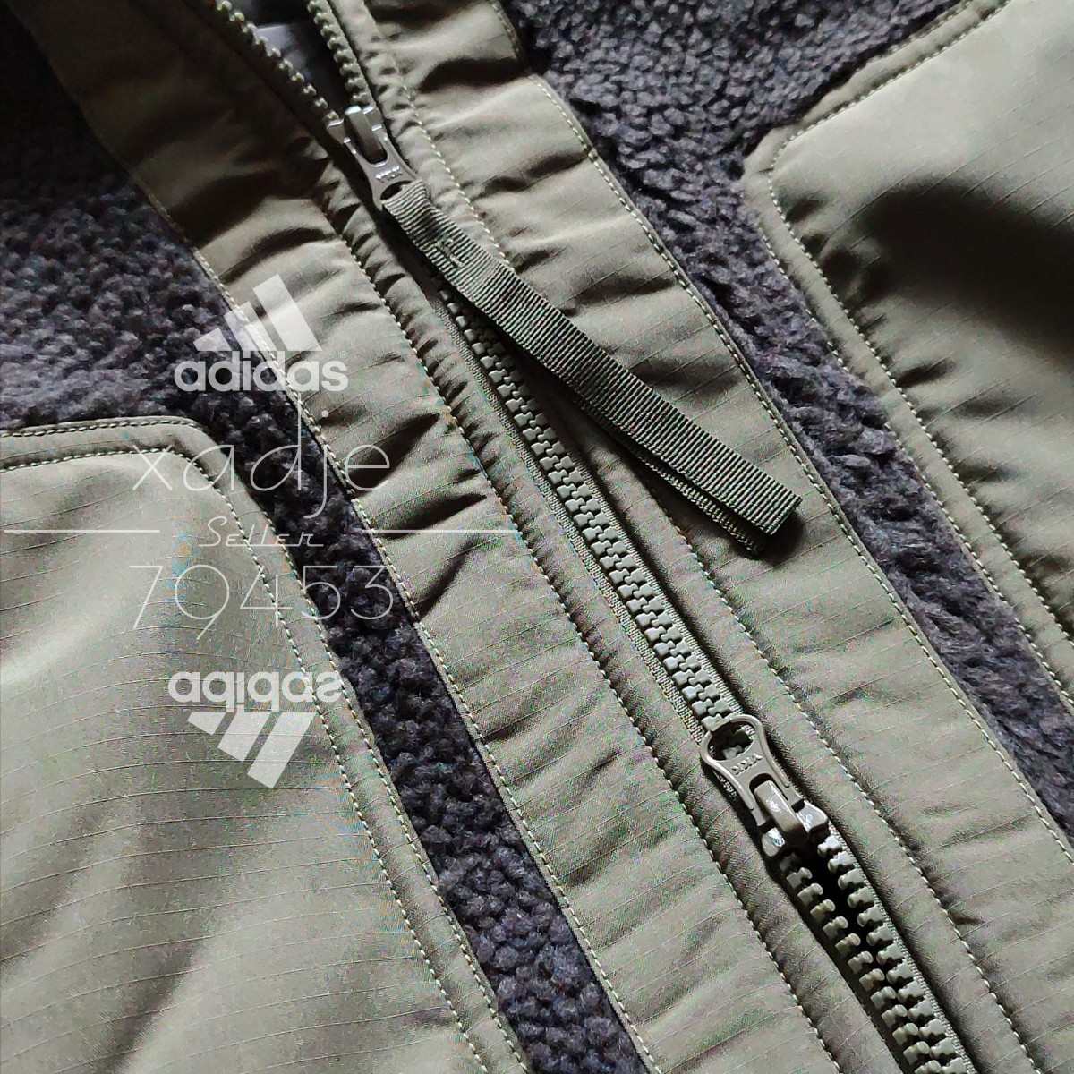 新品 正規品 adidas アディダス ボア ジャケット カーキ オリーブ ロゴ 刺繍 プリント ゆるめ ダブルジップ XL_画像5