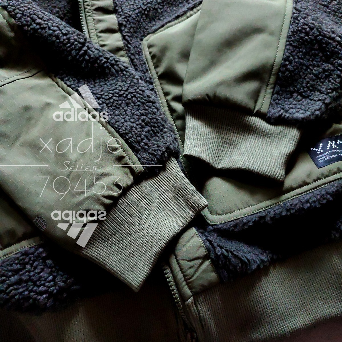 新品 正規品 adidas アディダス ボア ジャケット カーキ オリーブ ロゴ 刺繍 プリント ゆるめ ダブルジップ XL_画像7