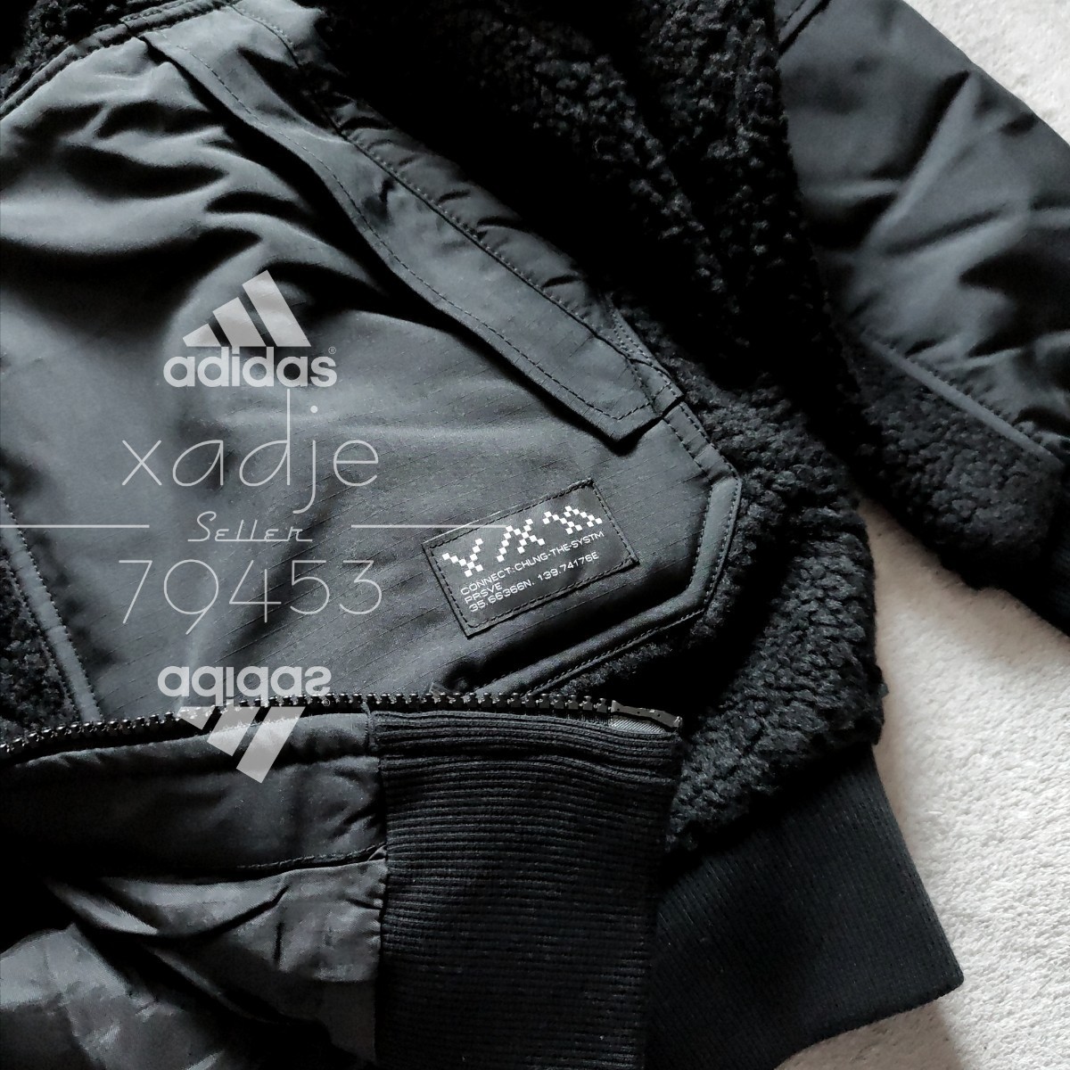 新品 正規品 adidas アディダス ボア ジャケット 黒 ブラック ロゴ 刺繍 プリント ゆるめ ダブルジップ 2XL_画像6