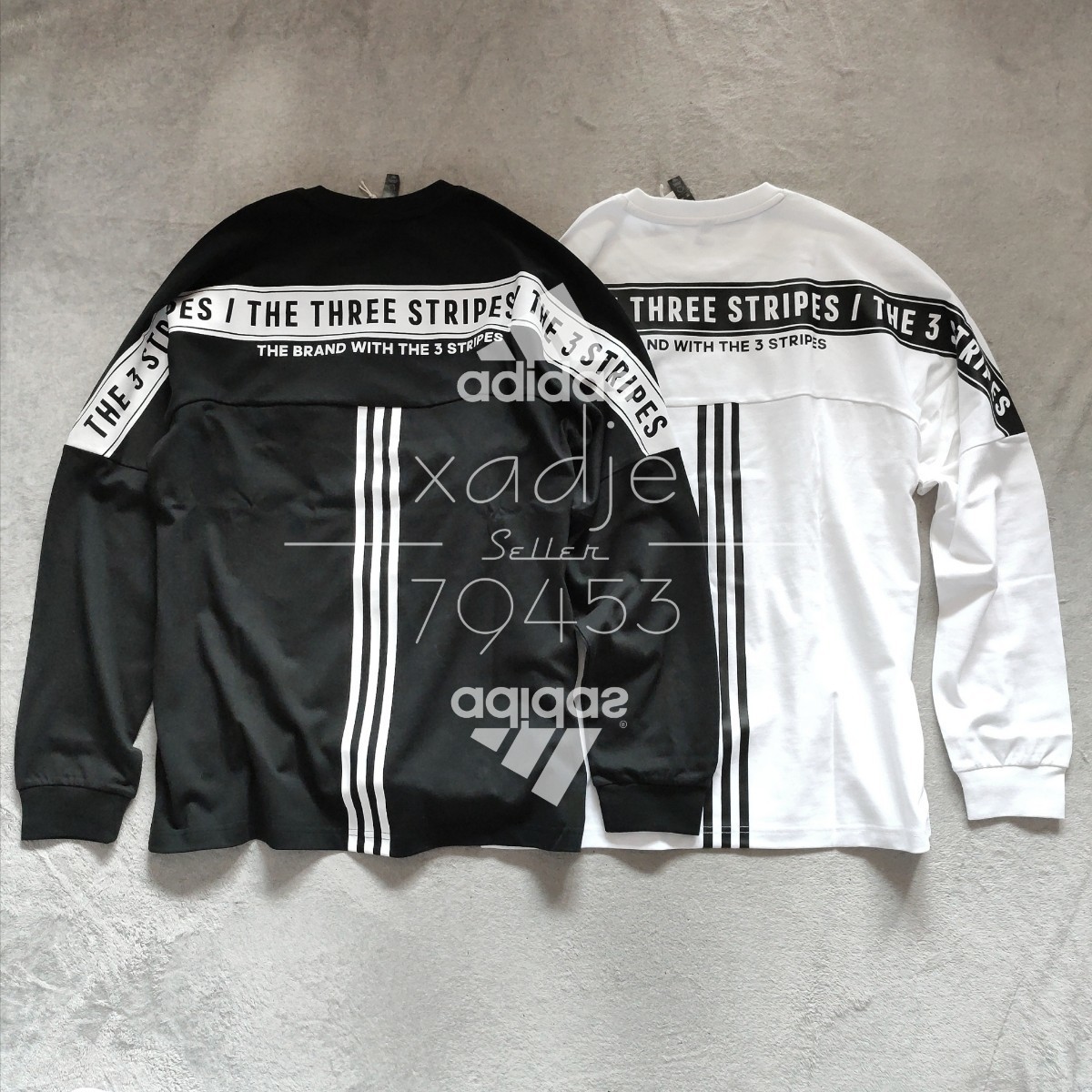 新品 正規品 adidas アディダス 2枚セット 長袖 ロンT プリント THREE STRIPES 黒 ブラック 白 ホワイト 3本ライン ロゴ 刺繍 厚手 XL_画像1