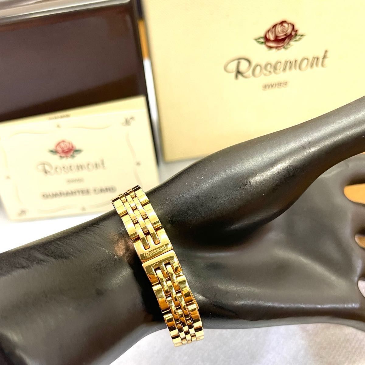 稼働　美品　ROSEMONT 腕時計　ストーンベゼル　トノー　ピンクゴールド　ロゼモン　華奢　ブレスウォッチ
