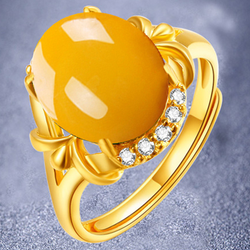 【送料無料】高級感 ゆびわ 大粒 天然琥珀蜜蝋 指輪 フリーサイズ リング キュービック・ジルコニア 贈り物 (9号～21号) 男女兼用 ゴールドの画像4