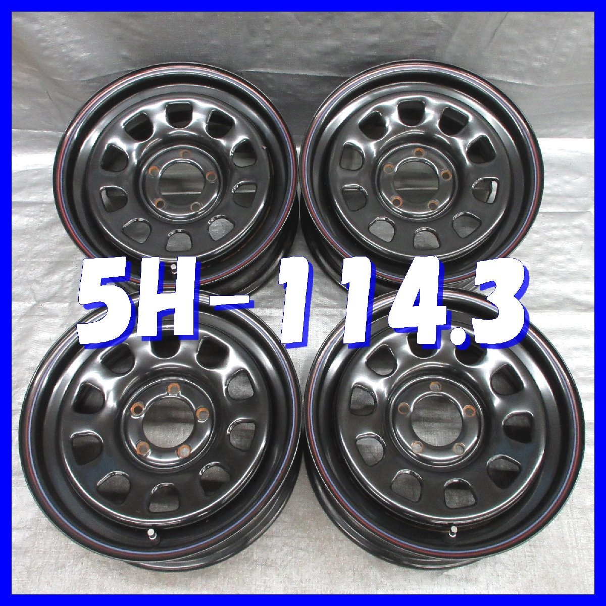 □送料無料 A2■ ブラックスチール ■ 16×7J+35 ■ 5H PCD114.3 ■ ハブφ84 ◇ ４本 ◇ M14可 レッド/ブルーライン有 2ピース/ディッシュ