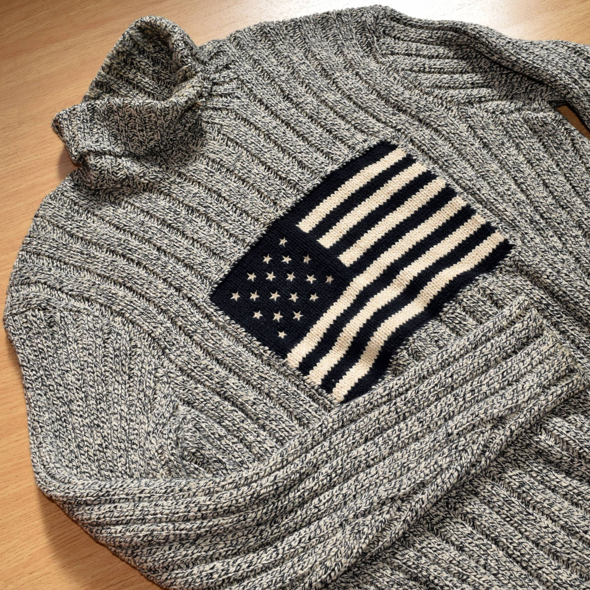 メンズXL レア！POLO RALPH LAUREN コットン 星条旗セーター FLAG 霜降り柄 グレーハイネックニット アメリカ国旗フラッグ ビンテージ 古着_画像1