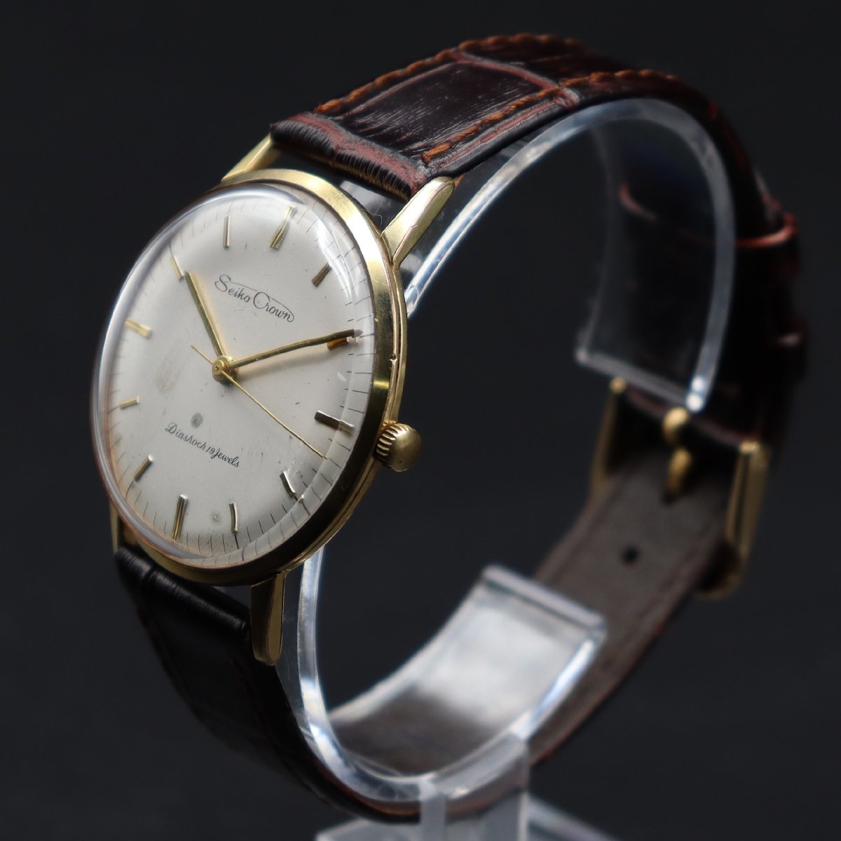 SEIKO CROWN セイコー クラウン 15002 手巻き 19石 EGP20ミクロンケース 1960年代 新品革ベルト アンティーク メンズ腕時計_画像2