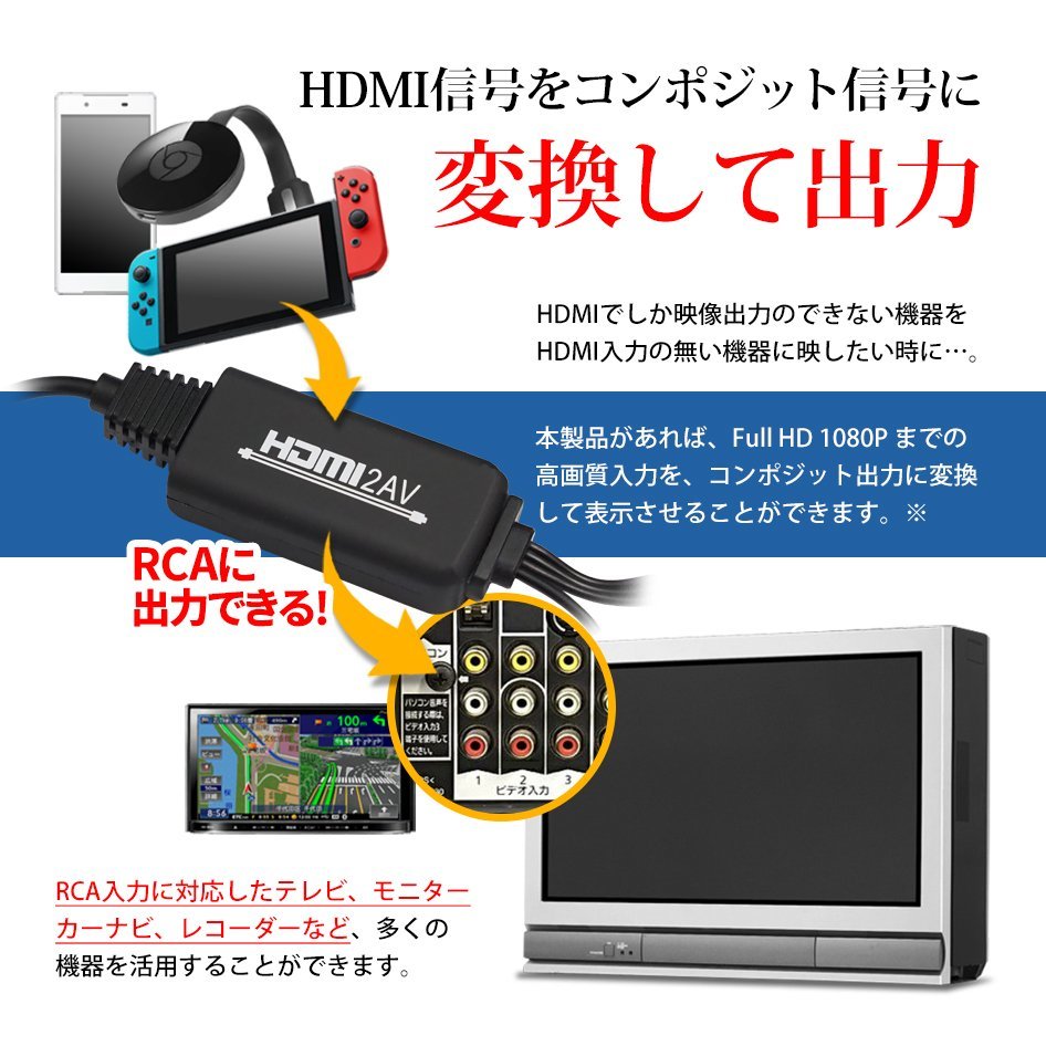 HDMI 変換ケーブル HDMI to RCA ケーブル一体型 コンバーター コンポジット 変換器 1080P アダプタ デジタル HDMIからアナログに 送料無料_画像2