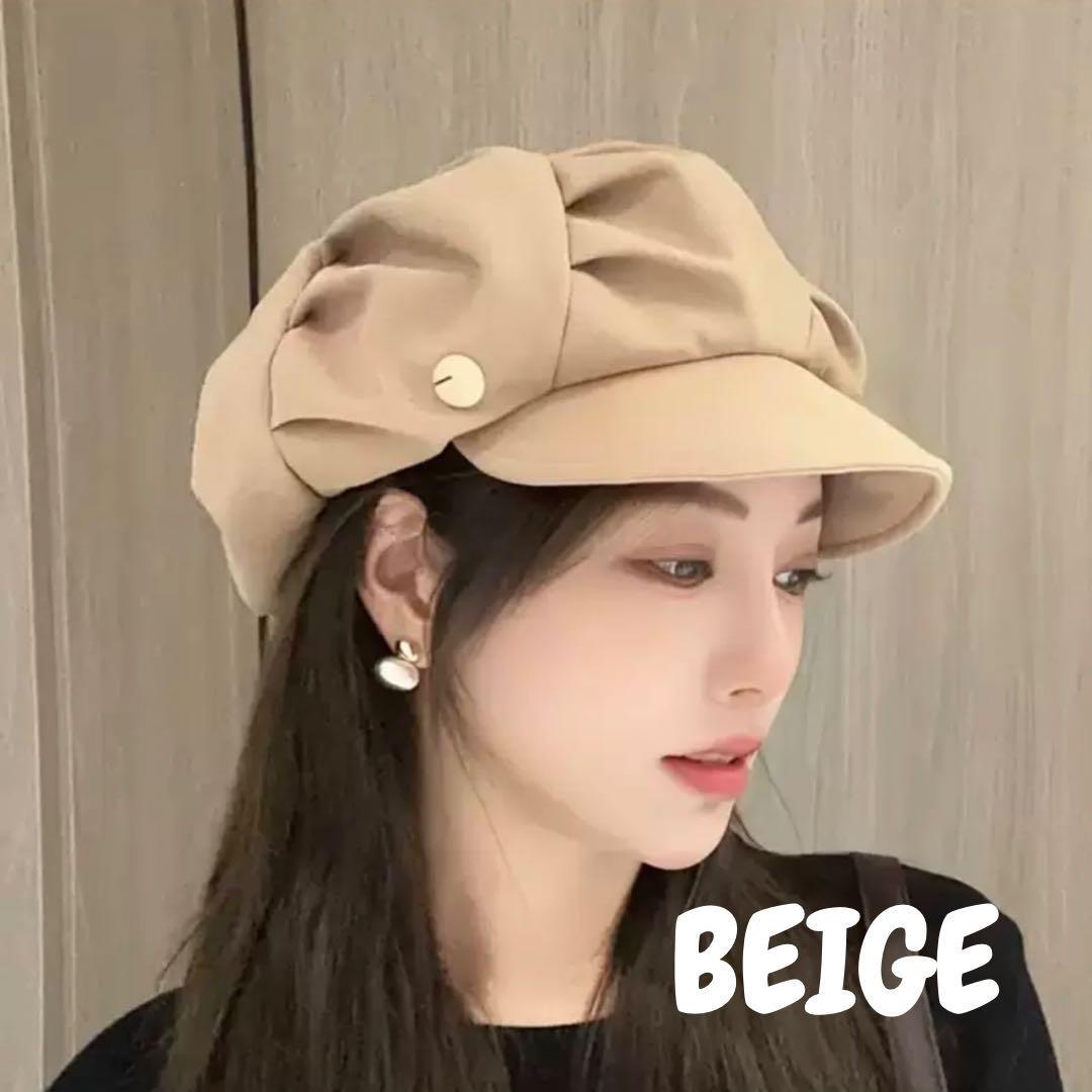 韓国 レディース ロゴ ベレー ベージュ キャスケット 帽子 - ハンチング