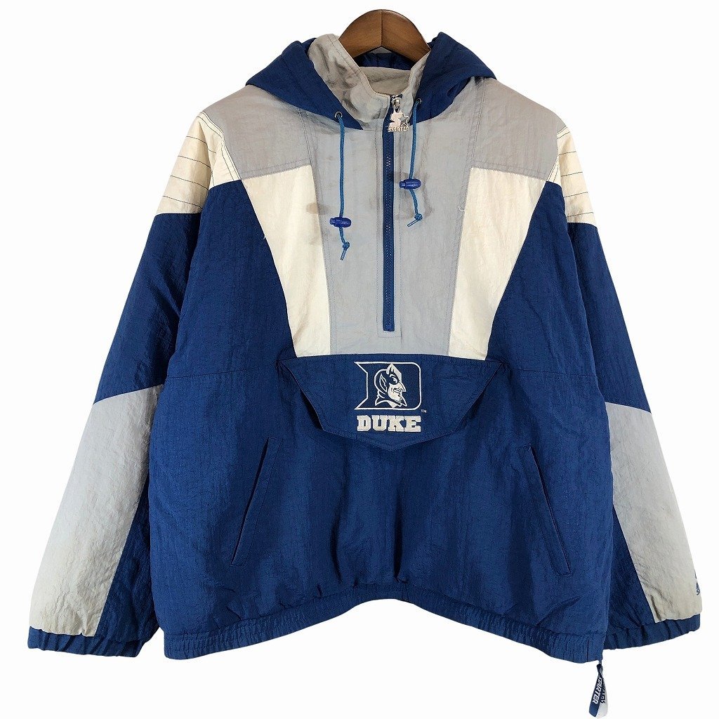 90年代 STARTER スターター DUKE ブルーデビルス 中綿 ハーフジップ ジャケット カレッジ ブルー (メンズ XL) 中古 古着 P0233