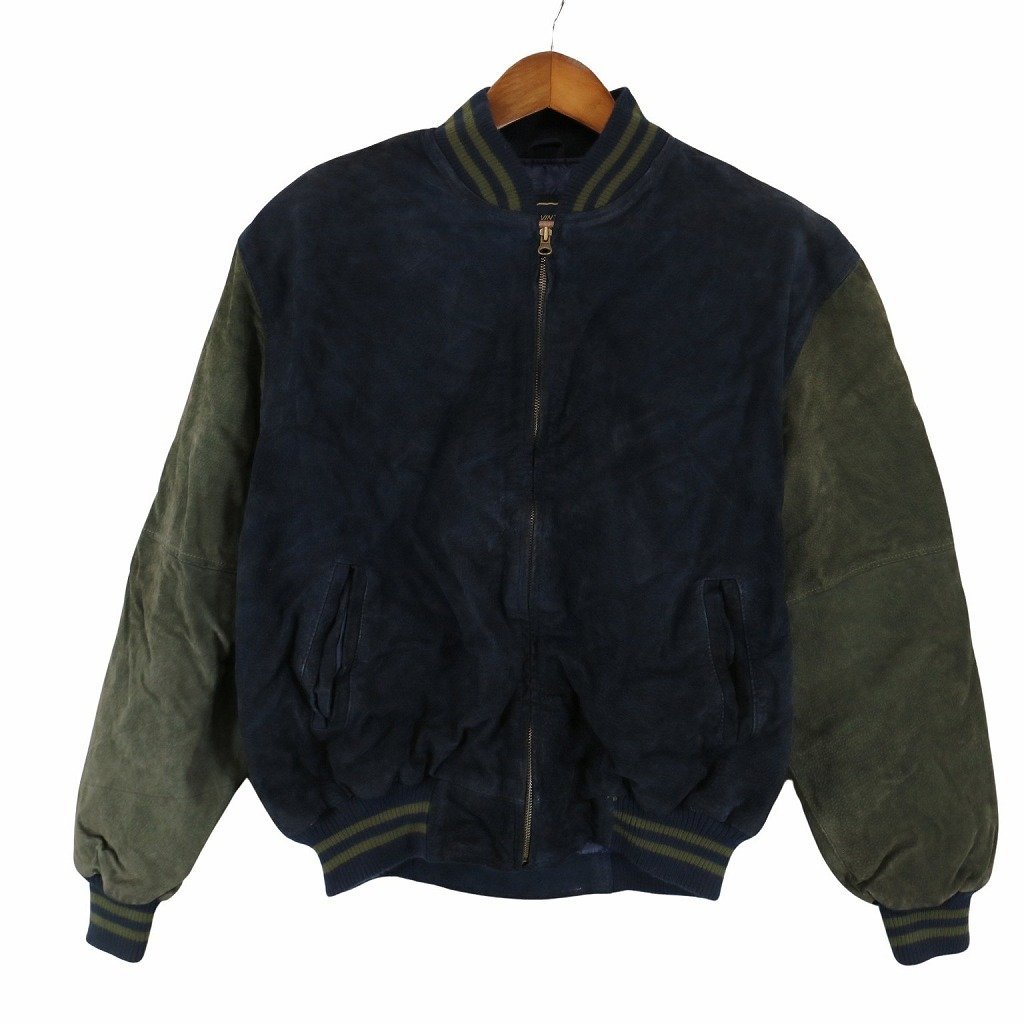 SALE// VINTAGE Varsity レザースタジアムジャケット 切替デザイン YBSジップ ネイビー (メンズ M) O7511