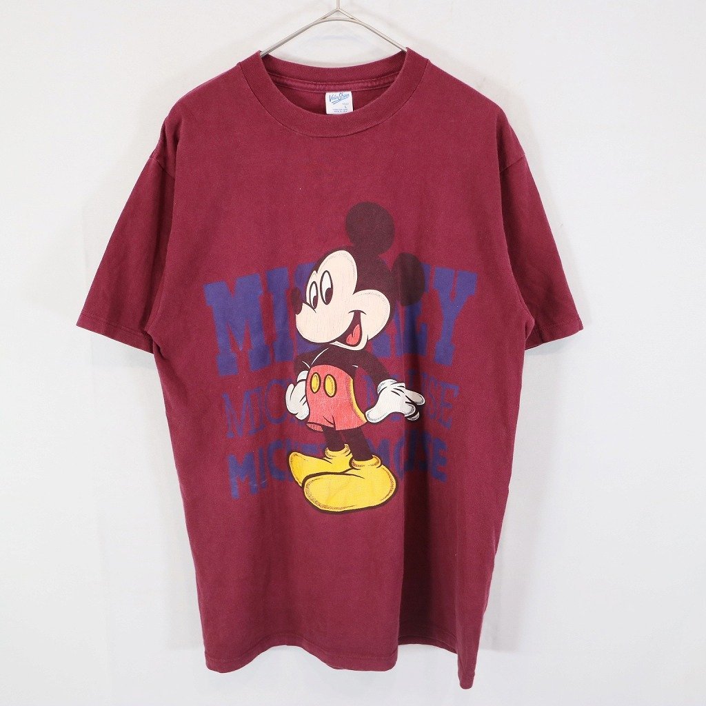90年代 USA製 Disney ディズニー ミッキーマウス 半袖Ｔシャツ アメカジ ワインレッド (メンズ L) N8842 /1円スタート_画像1
