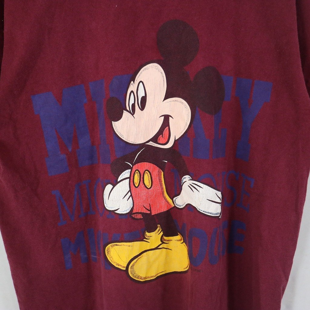 90年代 USA製 Disney ディズニー ミッキーマウス 半袖Ｔシャツ アメカジ ワインレッド (メンズ L) N8842 /1円スタート_画像4