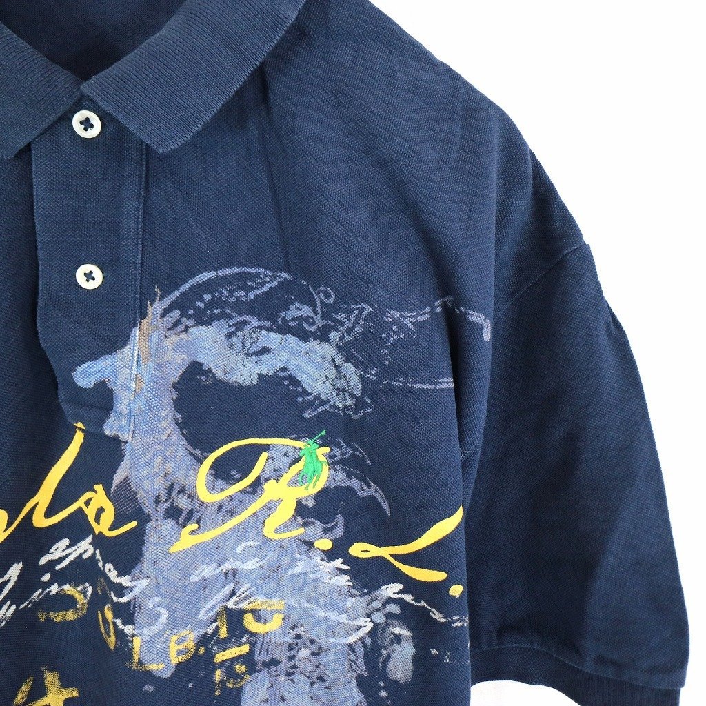 90年代 Polo by Ralph Lauren ポロバイラルフローレン 半袖ポロシャツ グラフィック ペイント ネイビー (メンズ L) O0402 /1円スタート_画像5