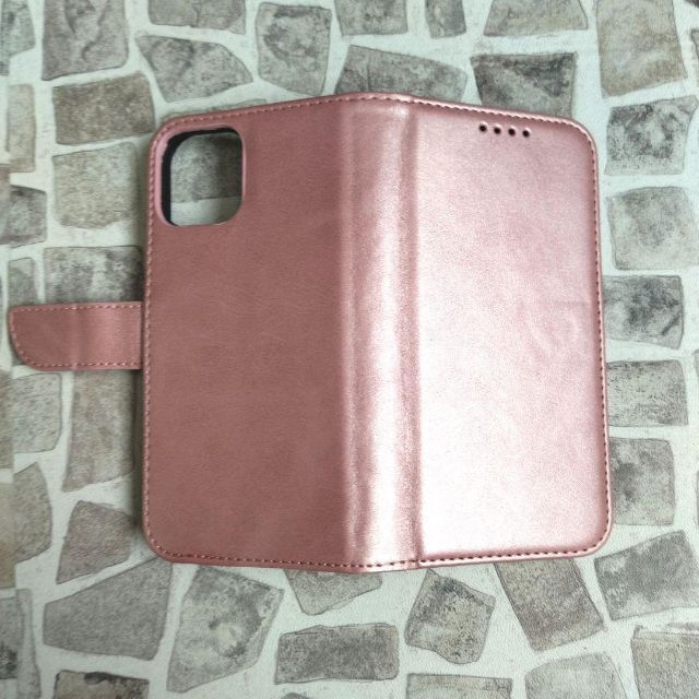 手帳型 iPhone12 PUレザー 光沢 ピンク メタリック シンプル カード スマホケース_画像4