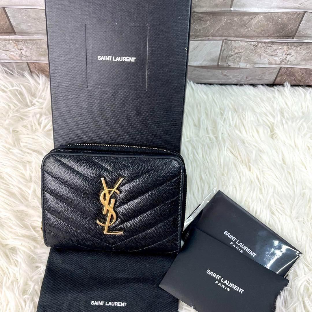 1円 美品 イヴサンローラン YSL SAINT LAURENT PARIS 二つ折り財布 キャビアスキン ラウンドジップ キルティング Vステッチ_画像1