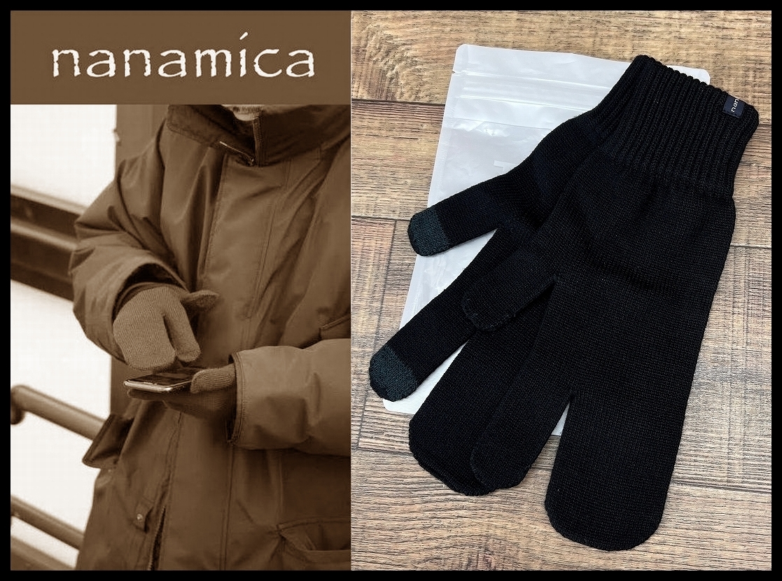 送無 新品 nanamica ナナミカ 21AW SUKF197 TECH GLOVES 光電子 ウール ニット グローブ 手袋 ミトン テックグローブ 黒 ブラック FREE ②_画像1