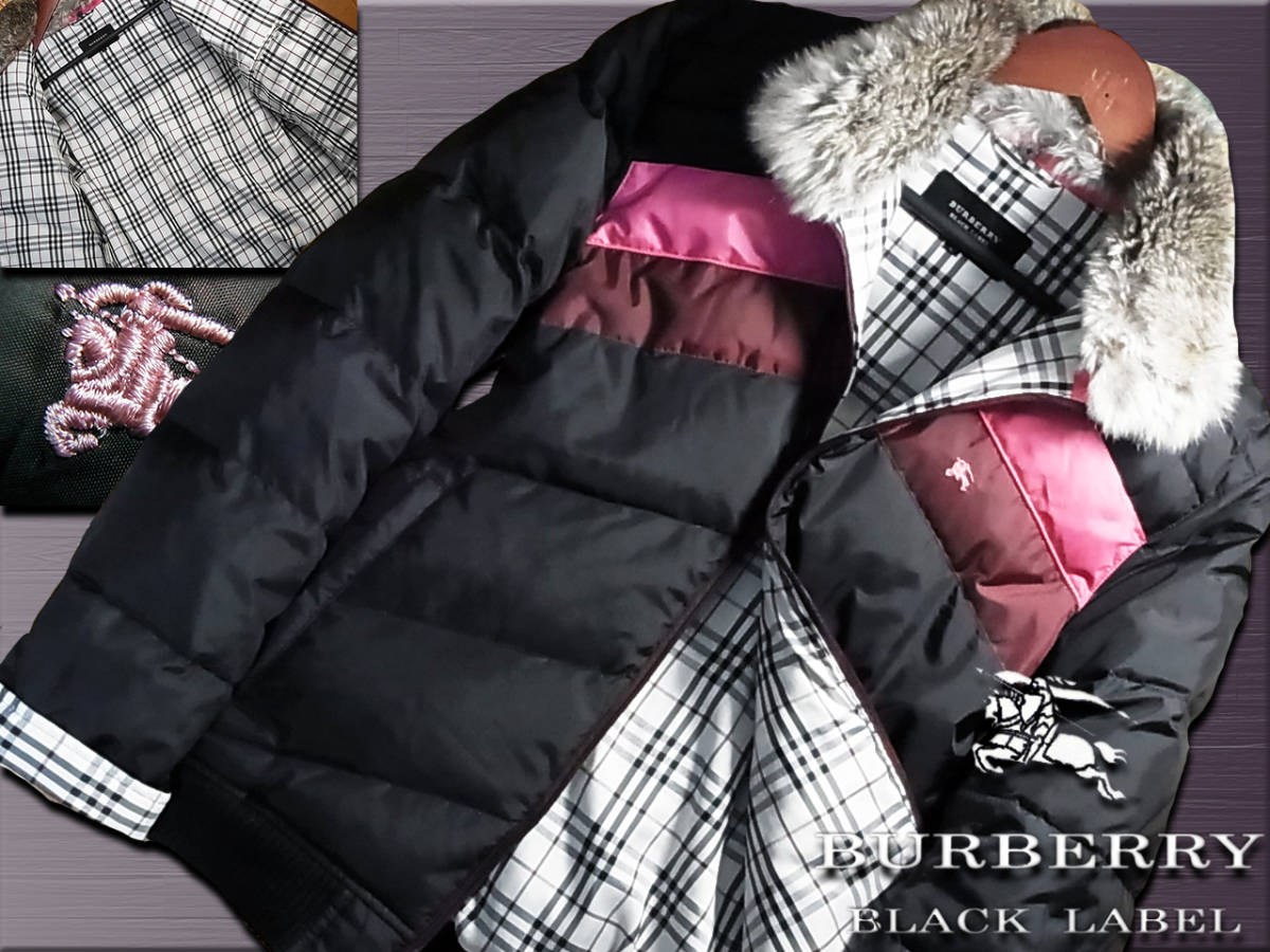 BURBERRY ダウンコート ラビットファー ブラック ノバチェック バーバリーブラックレーベル ダウンジャケット ラビットファー