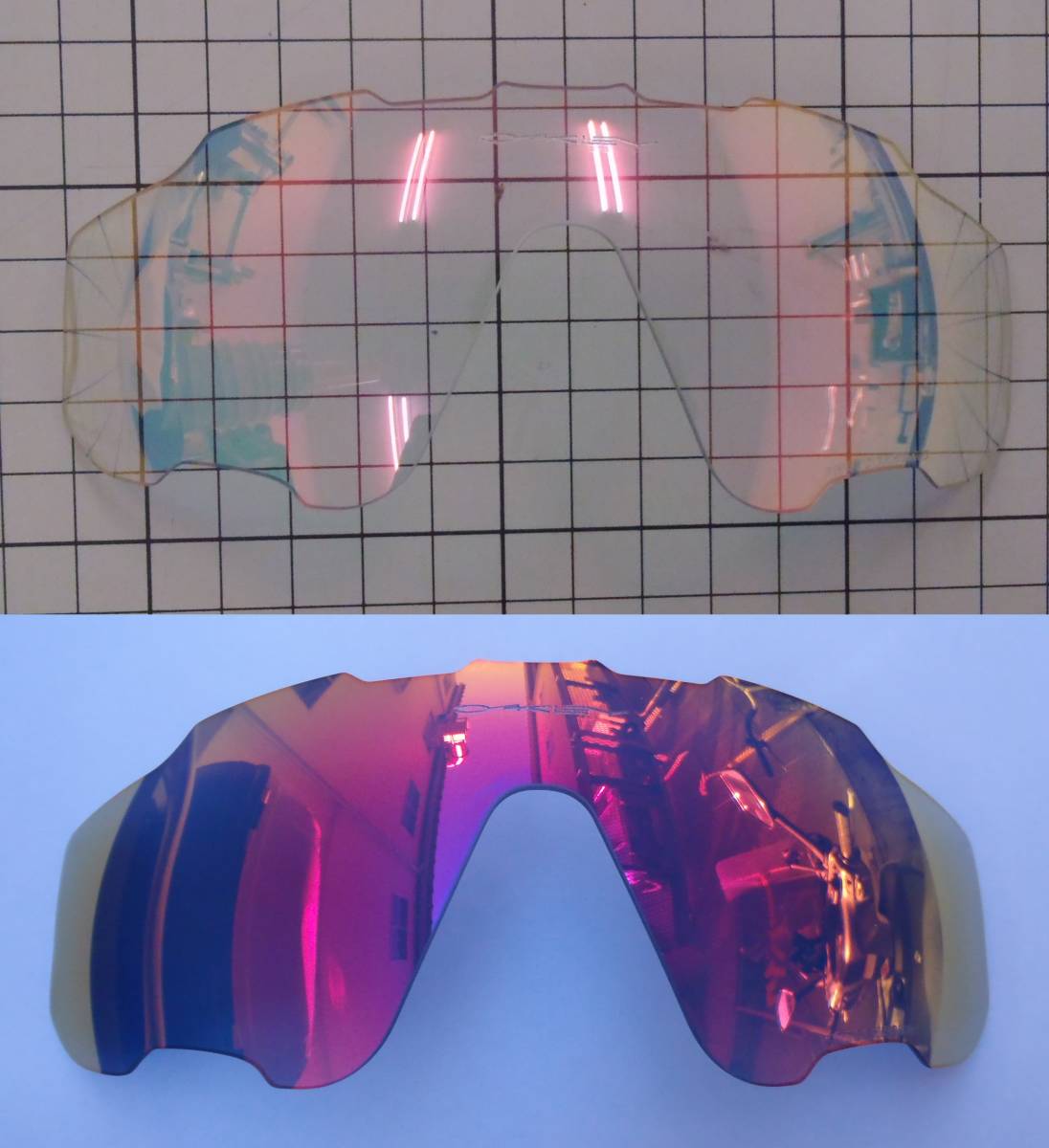 【定形外送料込】【レッドミラー調光レンズ】ジョウブレイカー用フォトクロミックレンズ (オークリー PHOTOCHROMIC JAWBREAKER クリア 赤 )_上が調光前クリアー、下が調光後ミラー