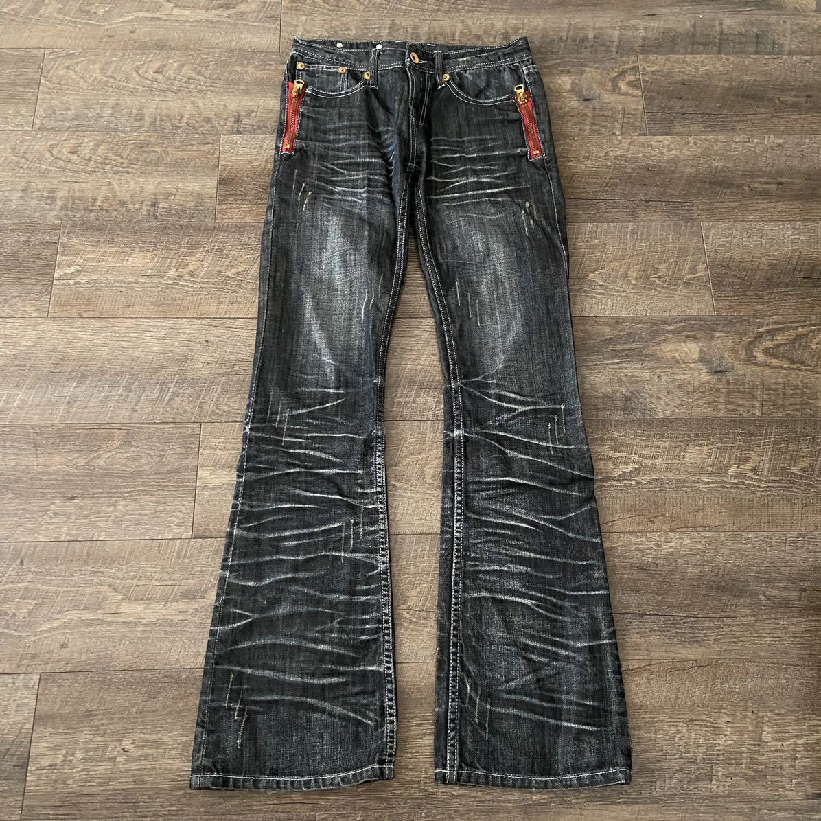 rare 00s japanese label semantic design mulch gimmick weathered flare jeans denim フレアパンツ tornado mart lgb goa archive y2k ①_画像1