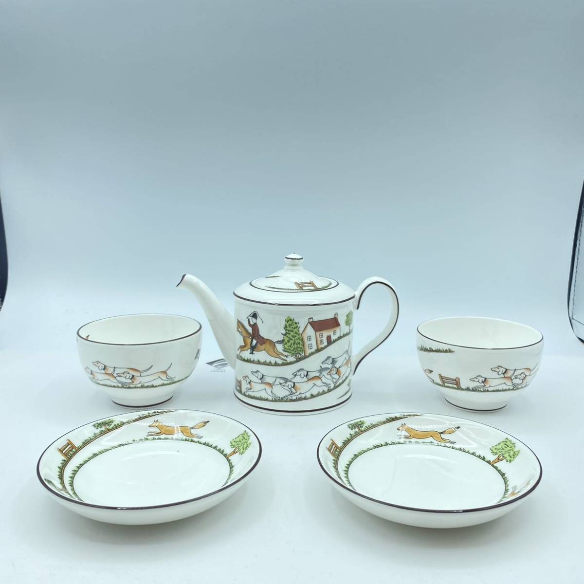 【H14】Wedgwood　ウェッジウッド ハンティングシーン カップ＆ソーサー 湯呑 ティーポットセット 　現状品_画像1