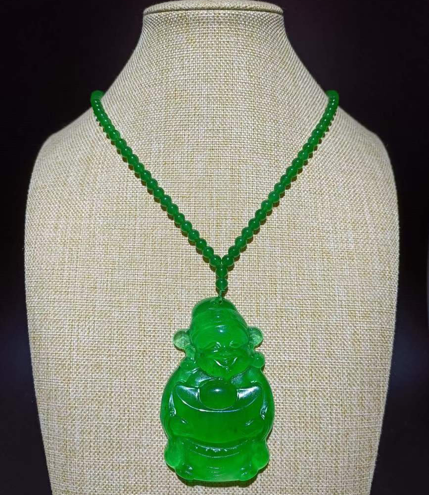 清代　帝王緑高冰種翡翠　財神像ネックレスのサムネイル