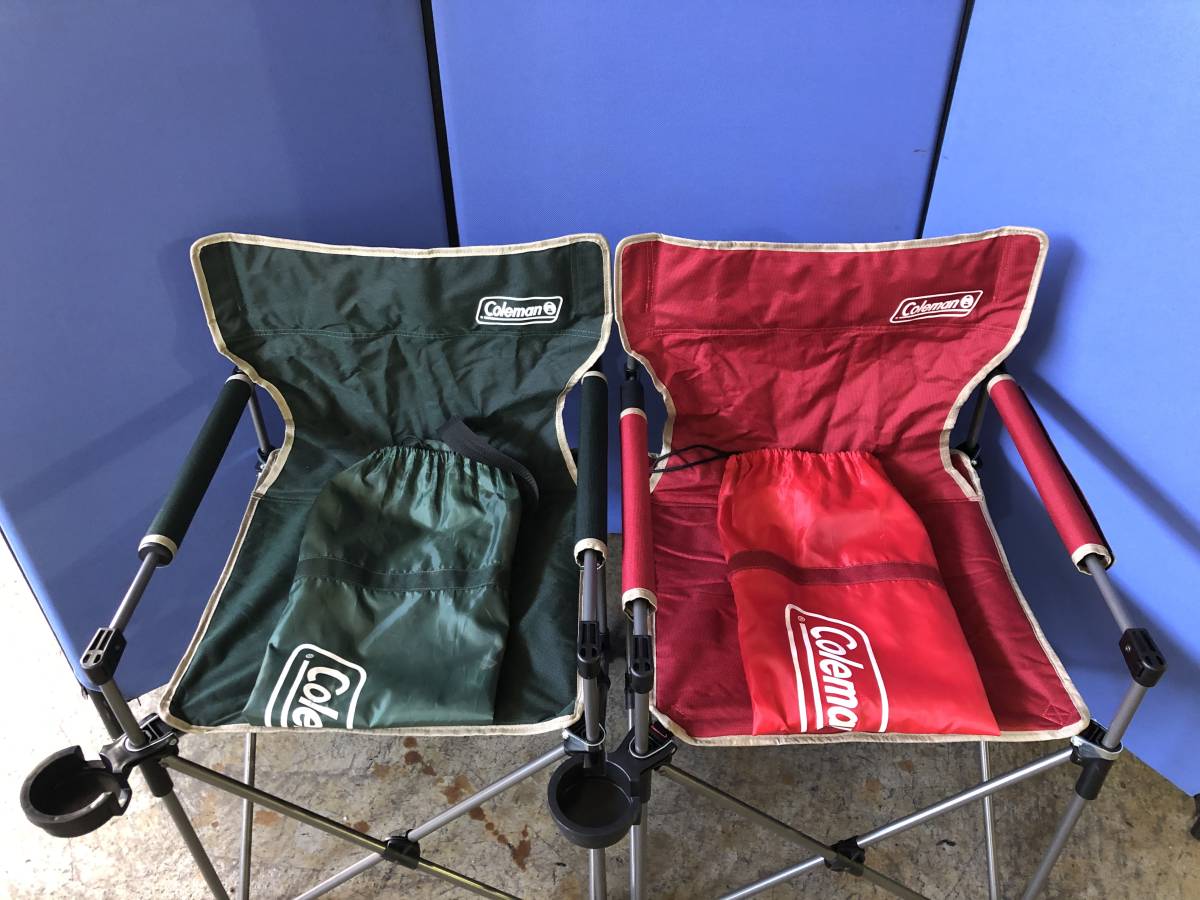 3021◆Coleman　コールマン　チェア　2脚　SLIM CHAIR WITH CUP HOLDER　ドリンクホルダー　緑/赤　収納袋【写真追加あり】◆_画像2