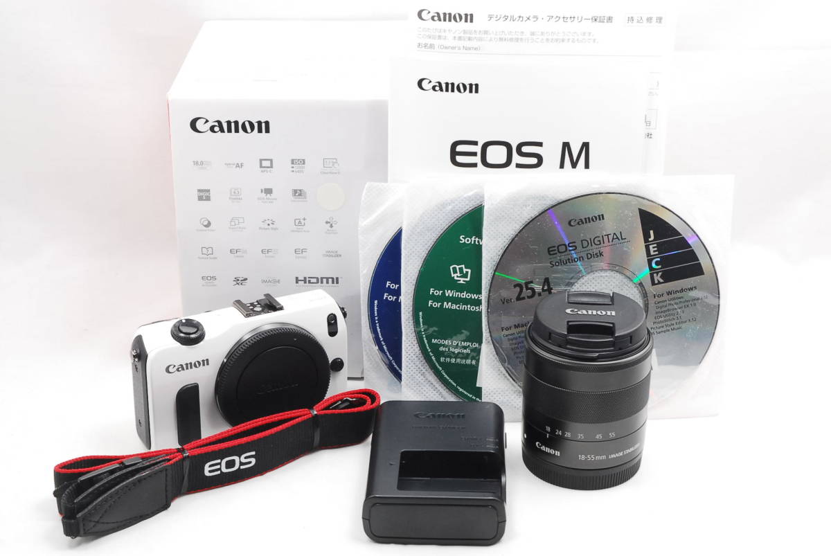 ★美品★ 即決 キャノン CanonEOS M ボディ + EF-M 18-55mm IS STM レンズキット ミラーレス ホワイト （R5-675）