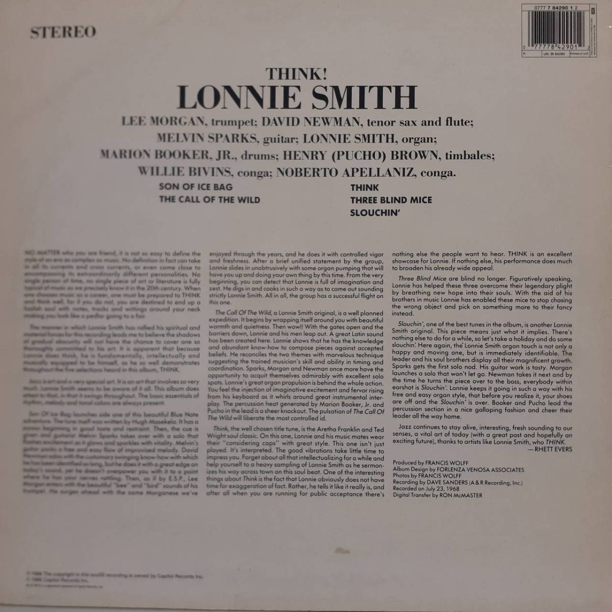 英BLUE NOTE盤LP青白Lbl！Lonnie Smith / Think! 1968年作の86年盤 BST 84290 Lee Morgan Melvin Sparks Pucho & His Latin Soul Brothers_画像3