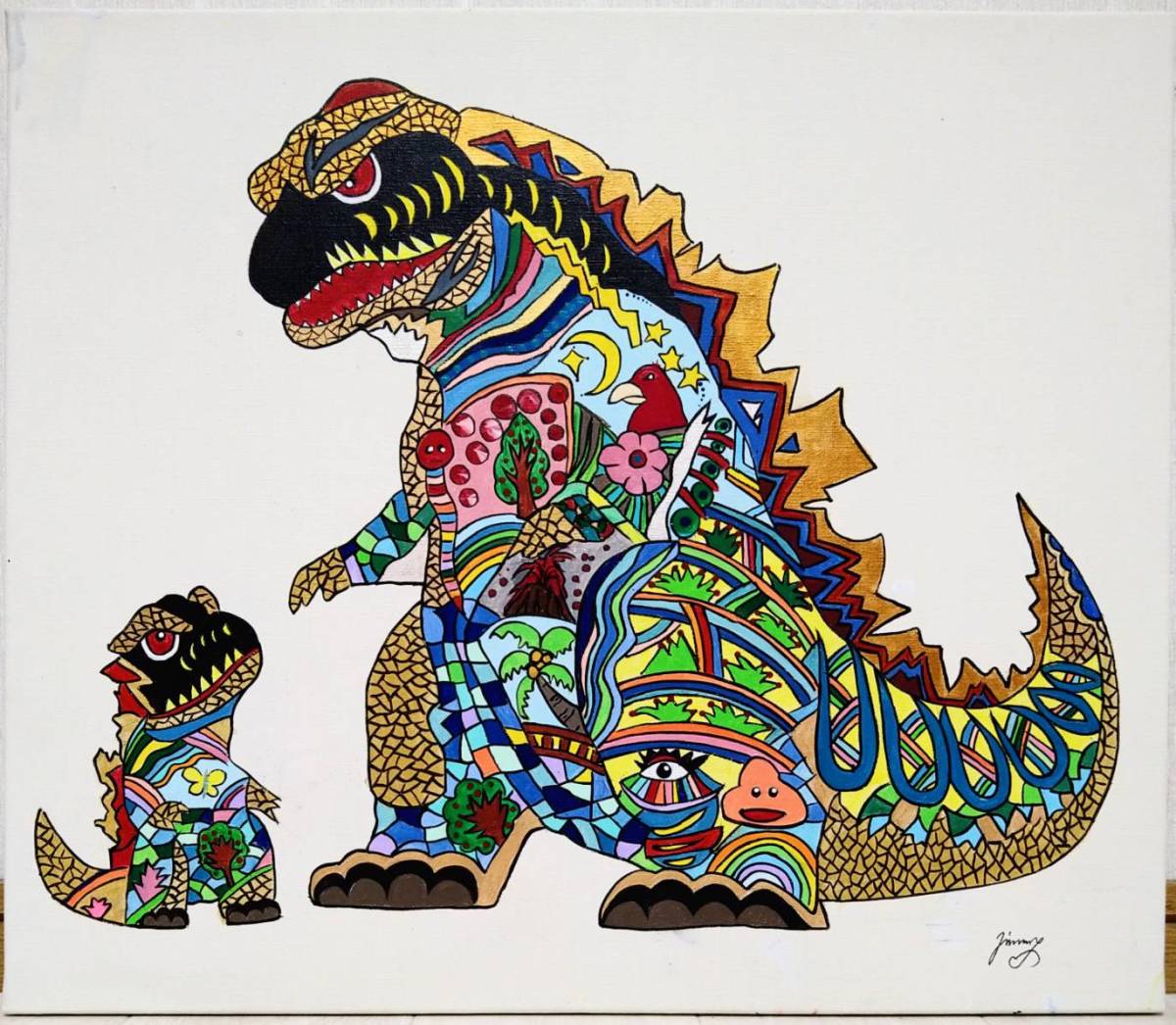 【F10号】ジミー大西【Godzilla(ゴジラ)】手描き大型作品/肉筆/サイン・裏描き/アクリル/油彩/油絵/額縁/模写/検索（草間彌生 岡本太郎)_画像1