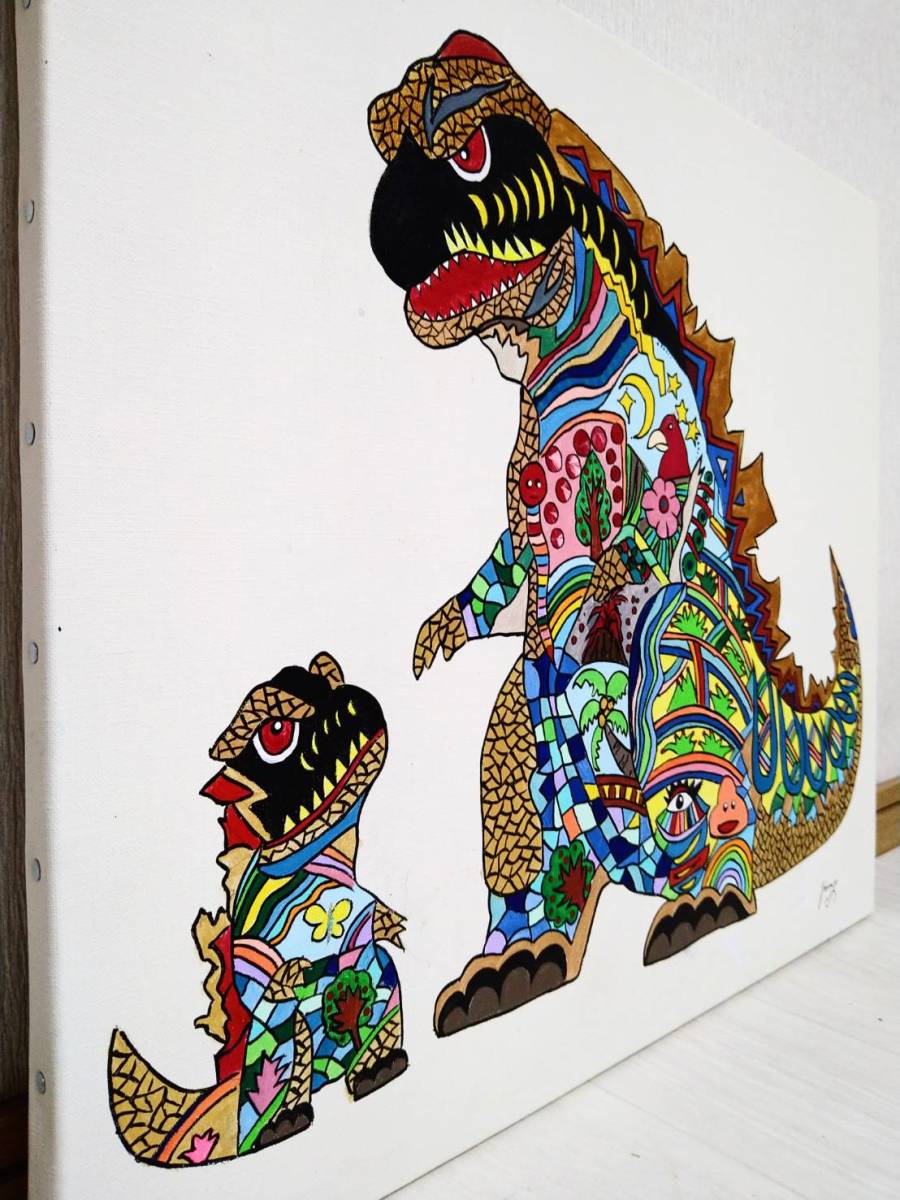 【F10号】ジミー大西【Godzilla(ゴジラ)】手描き大型作品/肉筆/サイン・裏描き/アクリル/油彩/油絵/額縁/模写/検索（草間彌生 岡本太郎)_画像8