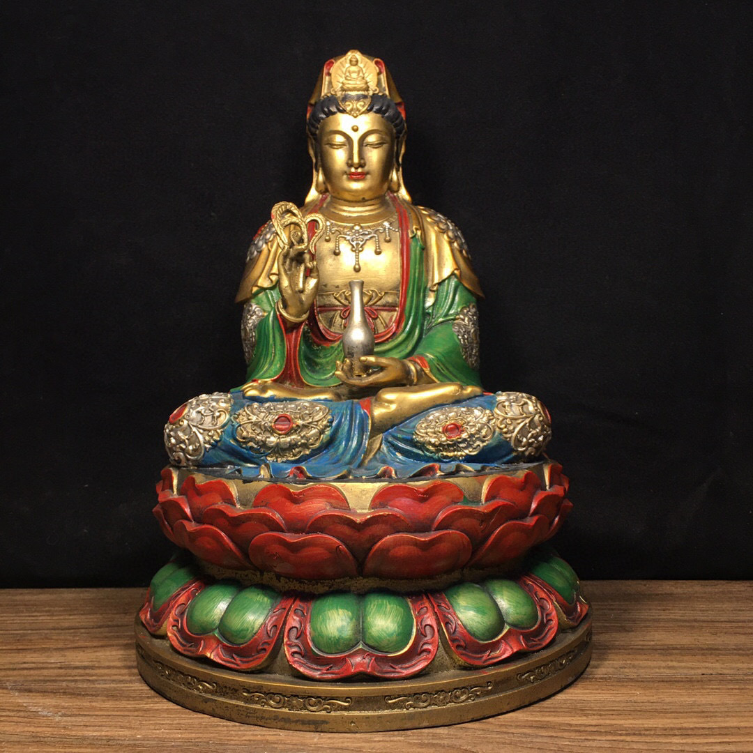 【新品本物】 【古寶奇蔵】銅製・金鍍・彩繪・觀音菩薩像・置物・賞物・中国時代美術 仏像