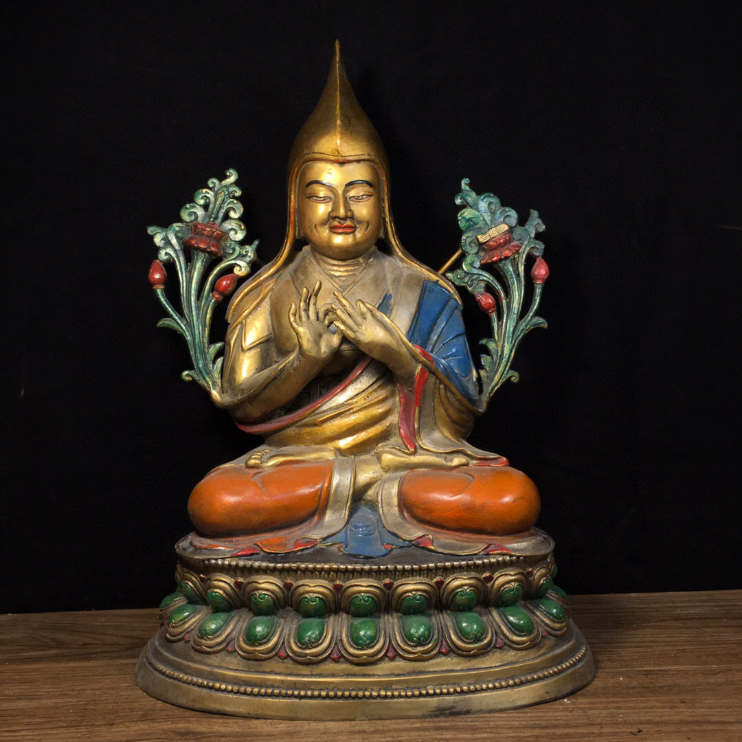 【古寶奇蔵】銅製・金鍍・彩繪・宗喀巴像・置物・賞物・中国時代美術