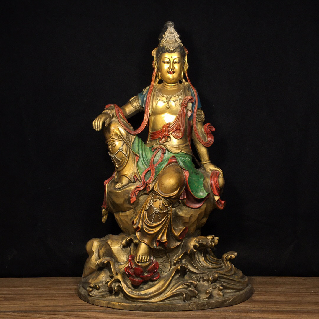 【古寶奇蔵】銅製・金鍍・彩繪・自在觀音像・置物・賞物・中国時代美術