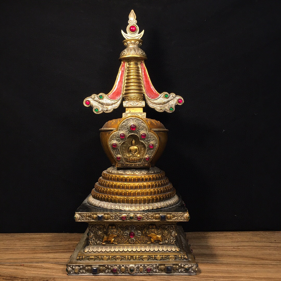 【古寶奇蔵】銅製・金鍍・彩繪・蔵傳仏塔・置物・賞物・中国時代美術