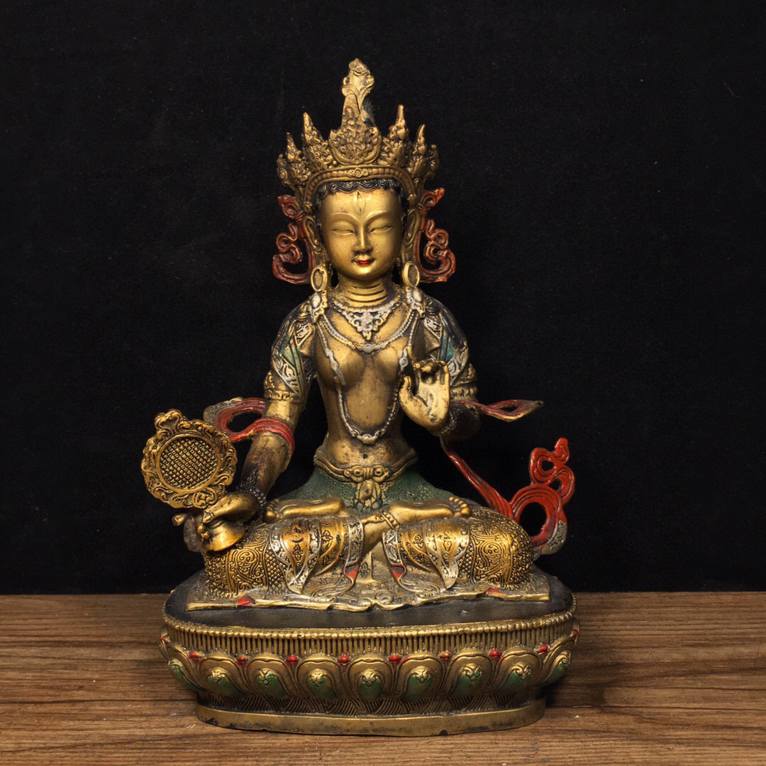 【古寶奇蔵】銅製・金鍍・彩繪・綠度母像・置物・賞物・中国時代美術