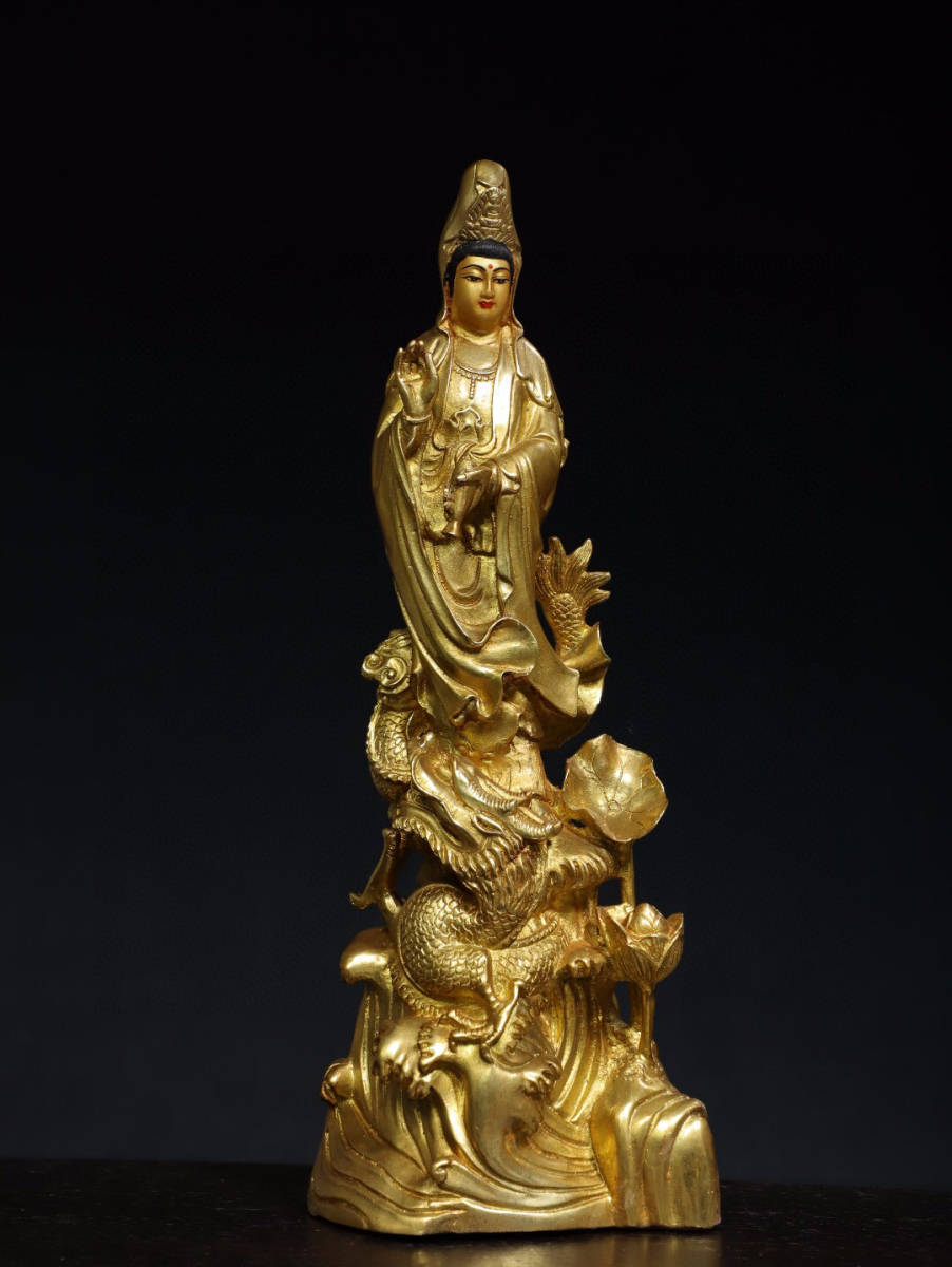 完成品 【古寶奇蔵】銅製・塗金・玉龍觀音像・希少珍品・置物・賞物