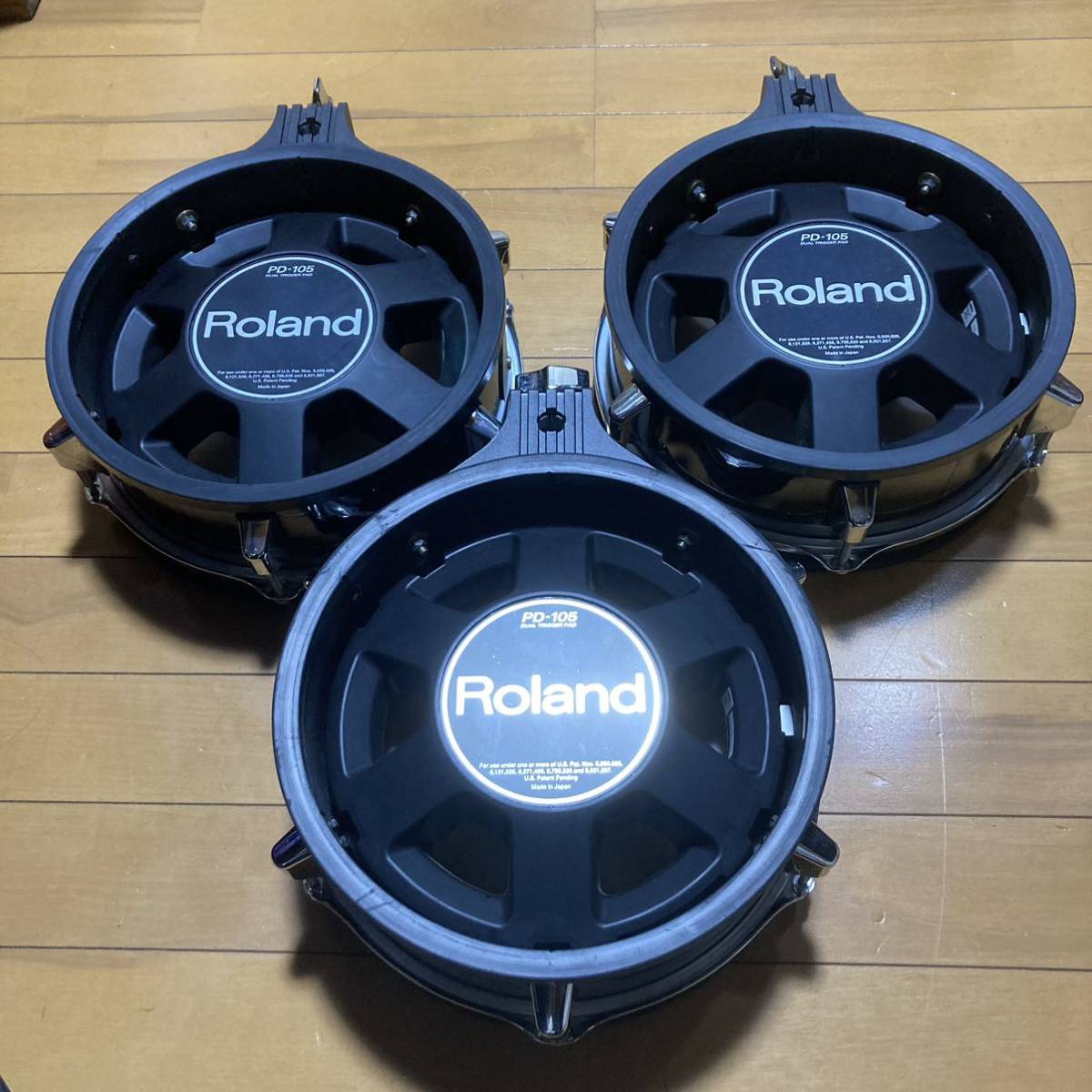 ★完動! Roland PD-105 3個セット ブラッククローム スネア タム 電子ドラム トリガー パッド TD-30 V-Drum V-Pad ローランド_画像2