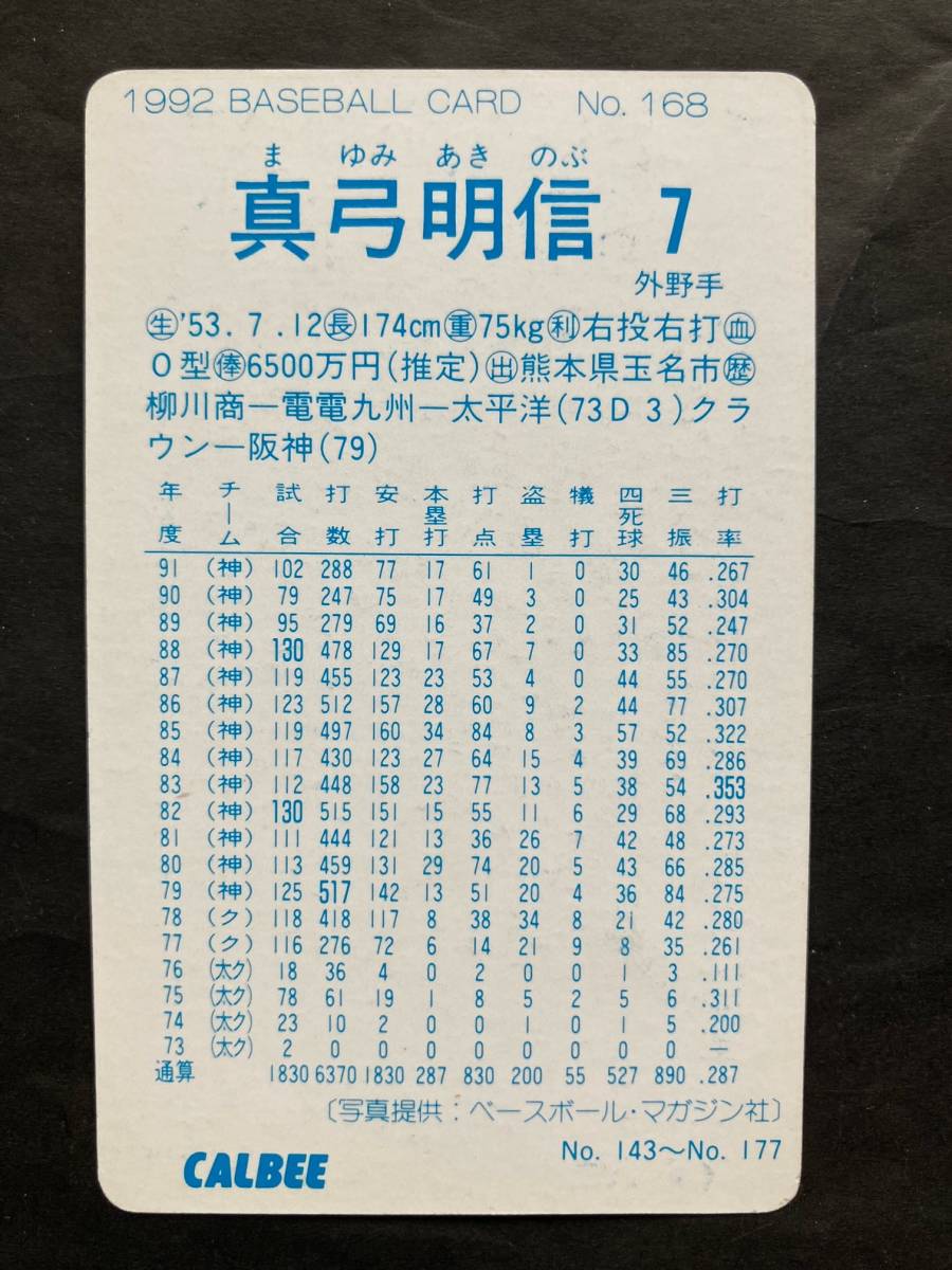 カルビープロ野球カード 92年 No.168 真弓明信 阪神タイガース 1992年 ① (検索用) レアブロック ショートブロック ホログラム 金枠 地方版_画像2