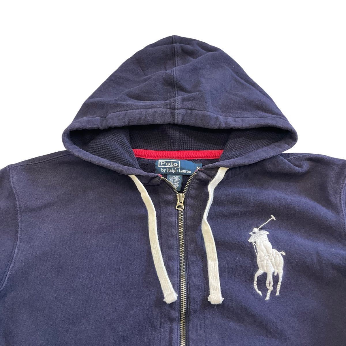 90s Polo by Ralph Lauren フルジップ パーカー M ネイビー スウェット フーディ ビッグ ポニー ポロ バイ ラルフローレン ヴィンテージ_画像2