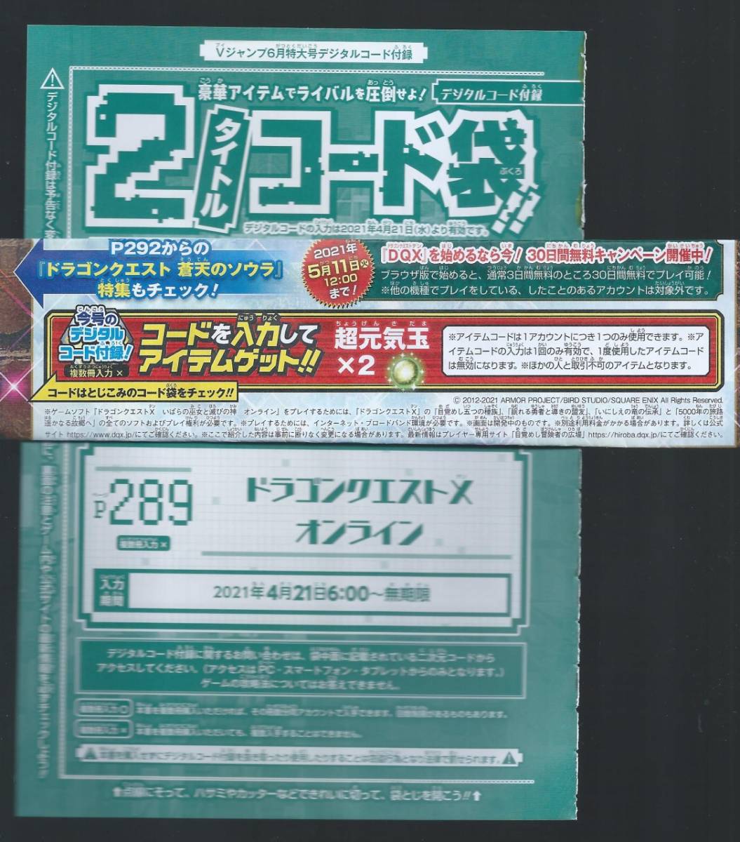  ＶＪ2021年 ６月号　超元気玉×２　　ドラゴンクエストXオンライン　付録袋とじ内の印刷シリアルコード_画像1