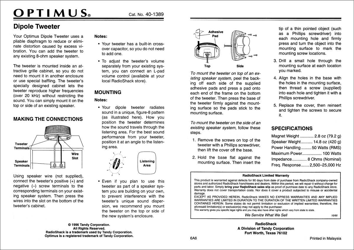 OPTIMUS Linaeum Dipole Tweeters リーニアム　クロスオーバー内臓リボンツイーター（ペア/取扱説明書付き）_取扱説明書（英語）