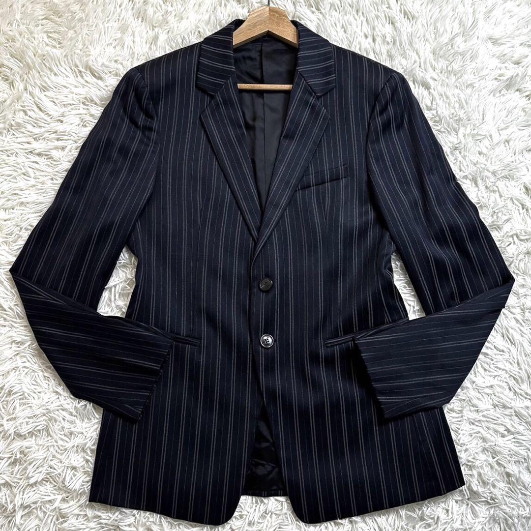 1円〜【美品/イタリア製】JUDE LINE 黒タグ EMPORIO ARMANI ストライプ スーツ セットアップ 48サイズ ネイビー 2B M-L相当 メンズ_画像2