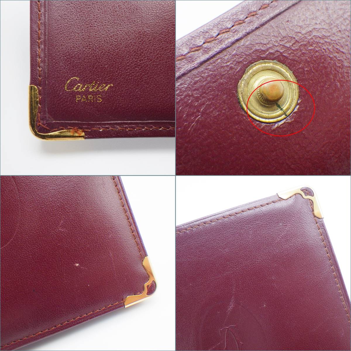 B23-2843 Cartier カルティエ マストライン 二つ折り財布 ボルドー 赤系 ゴールド金具 レディース イタリア製 中古品の画像10